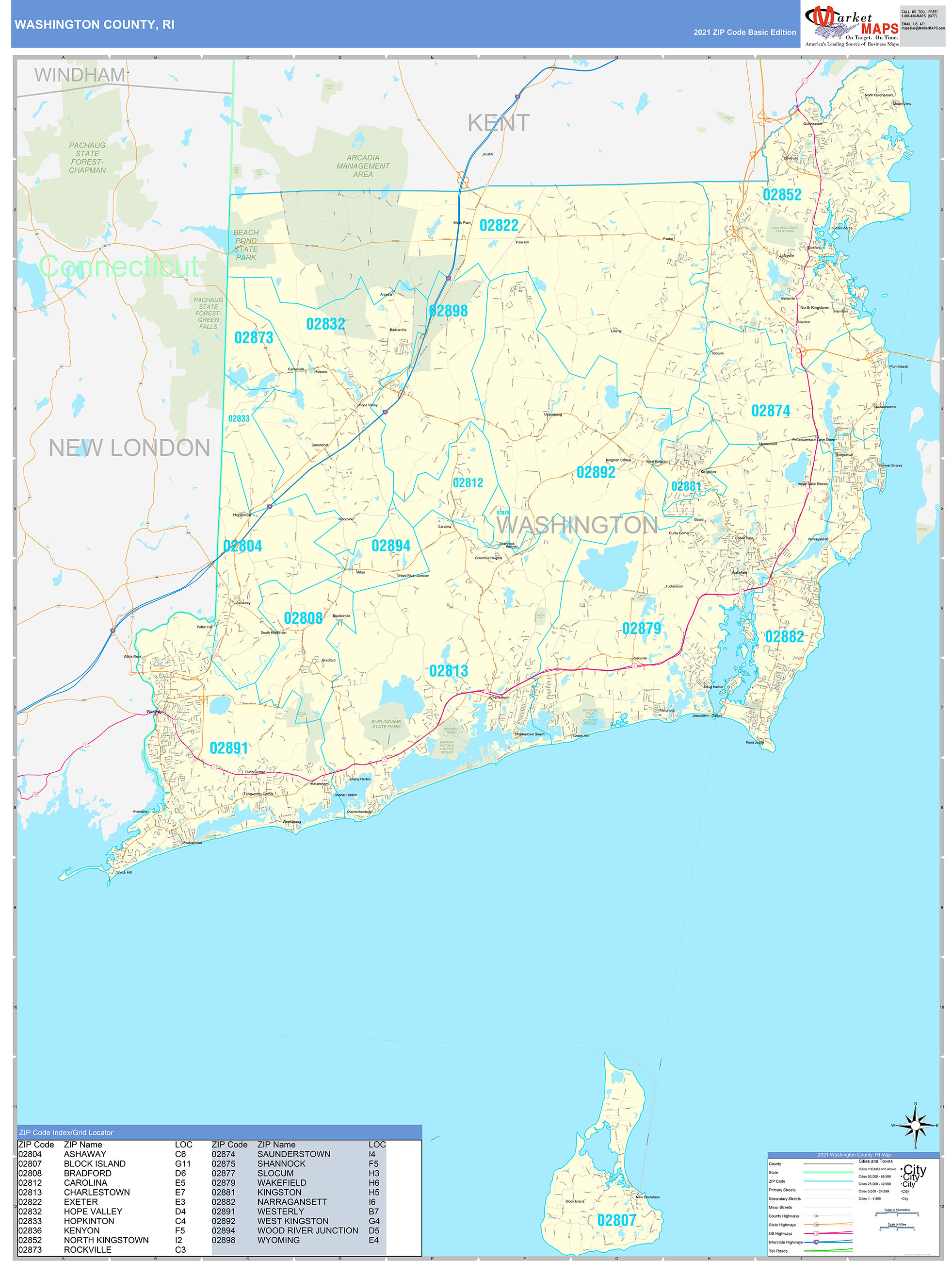 Washington County, RI Zip Code Wall Map Basic Style by MarketMAPS