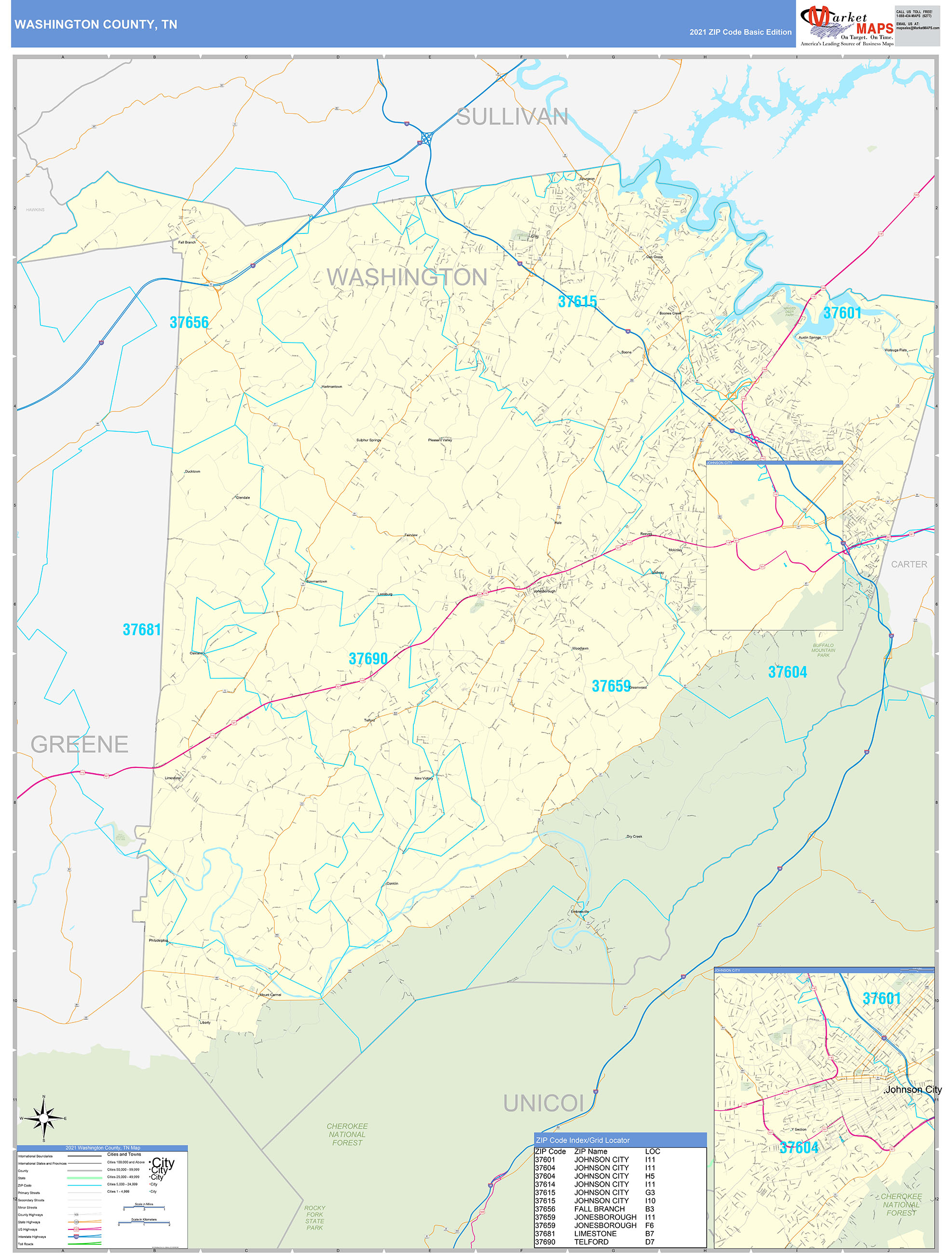 Washington County Tn Zip Code Wall Map Basic Style By Marketmaps