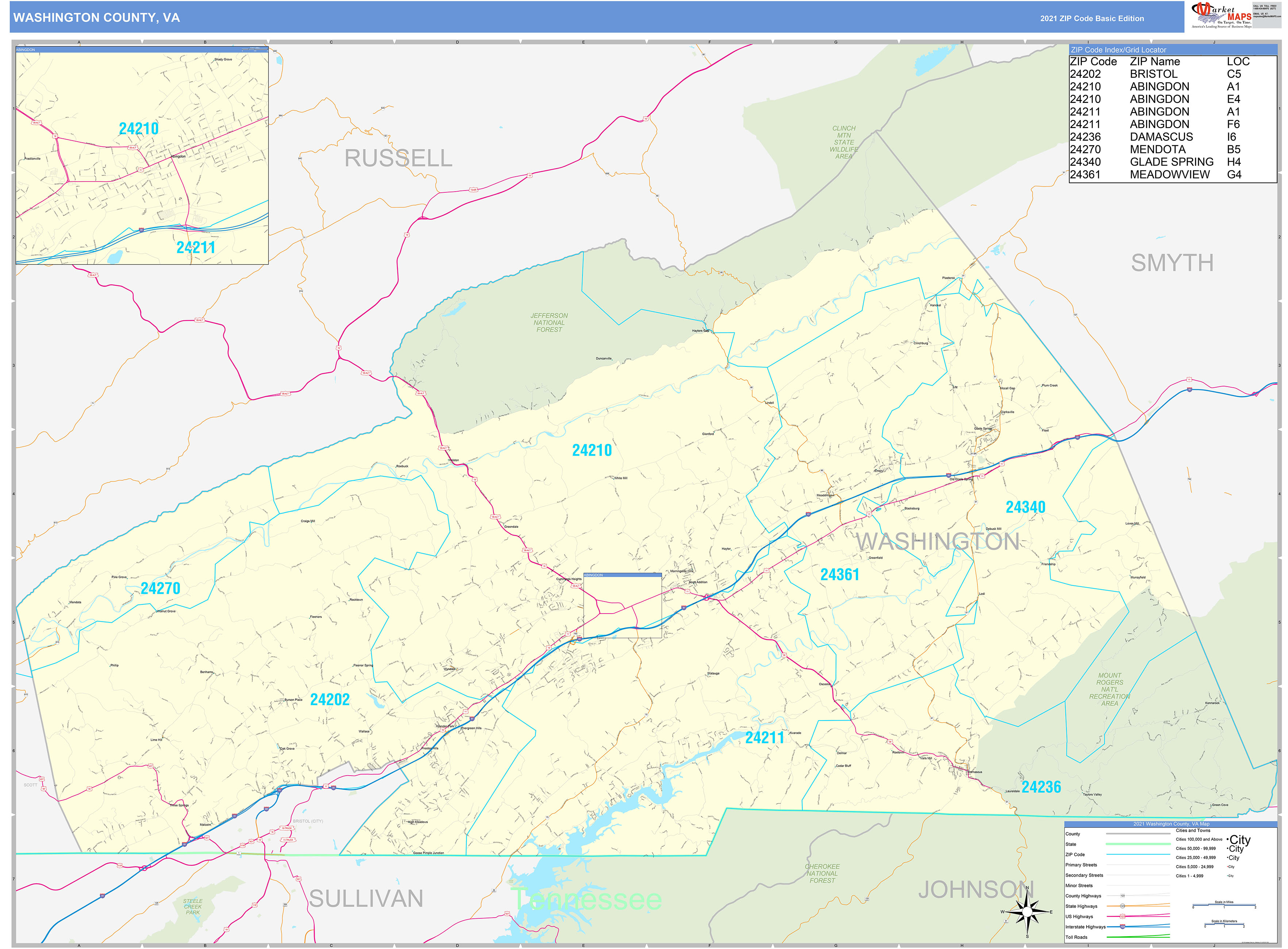 Washington County, VA Zip Code Wall Map Basic Style by MarketMAPS