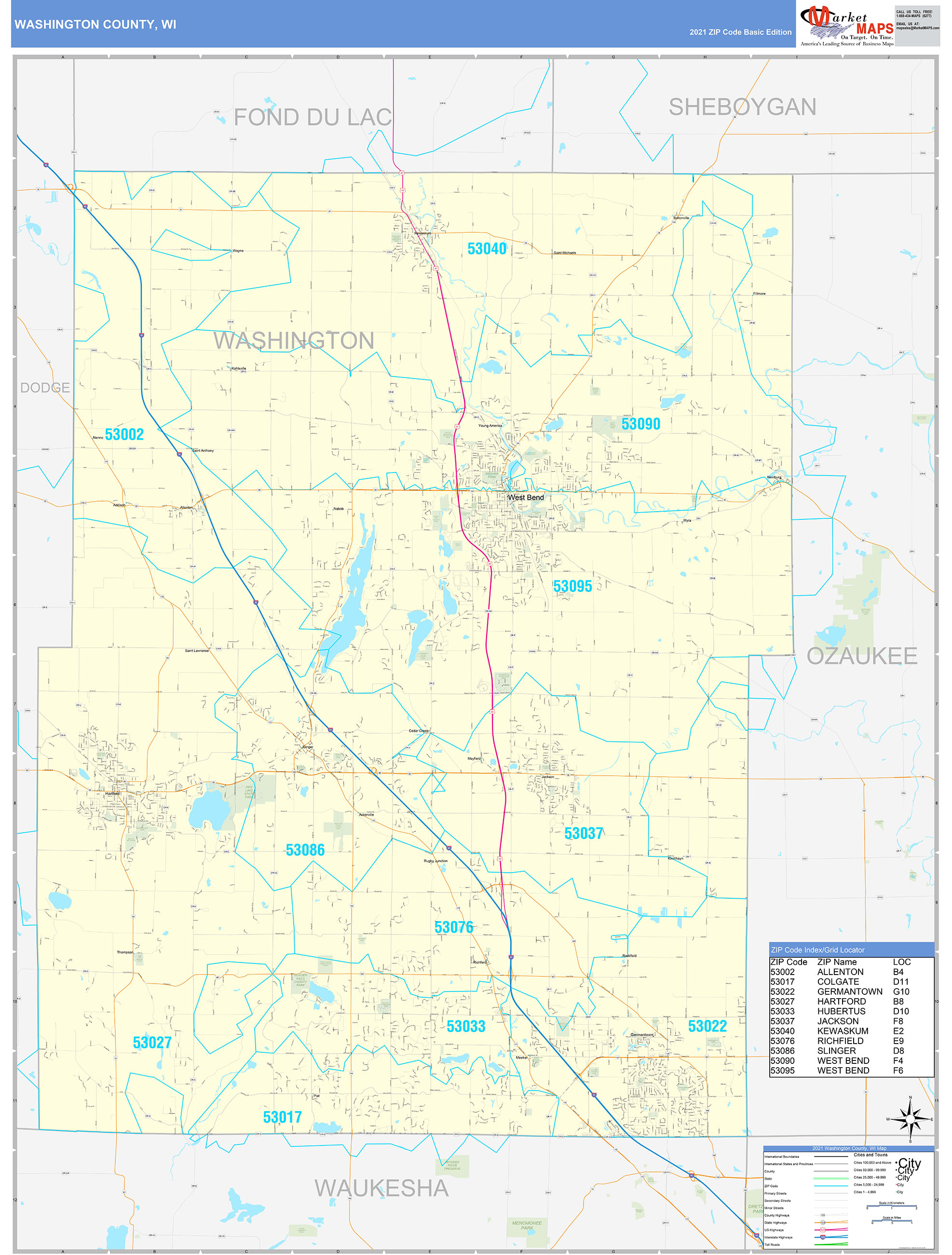 Washington County, WI Zip Code Wall Map Basic Style by MarketMAPS