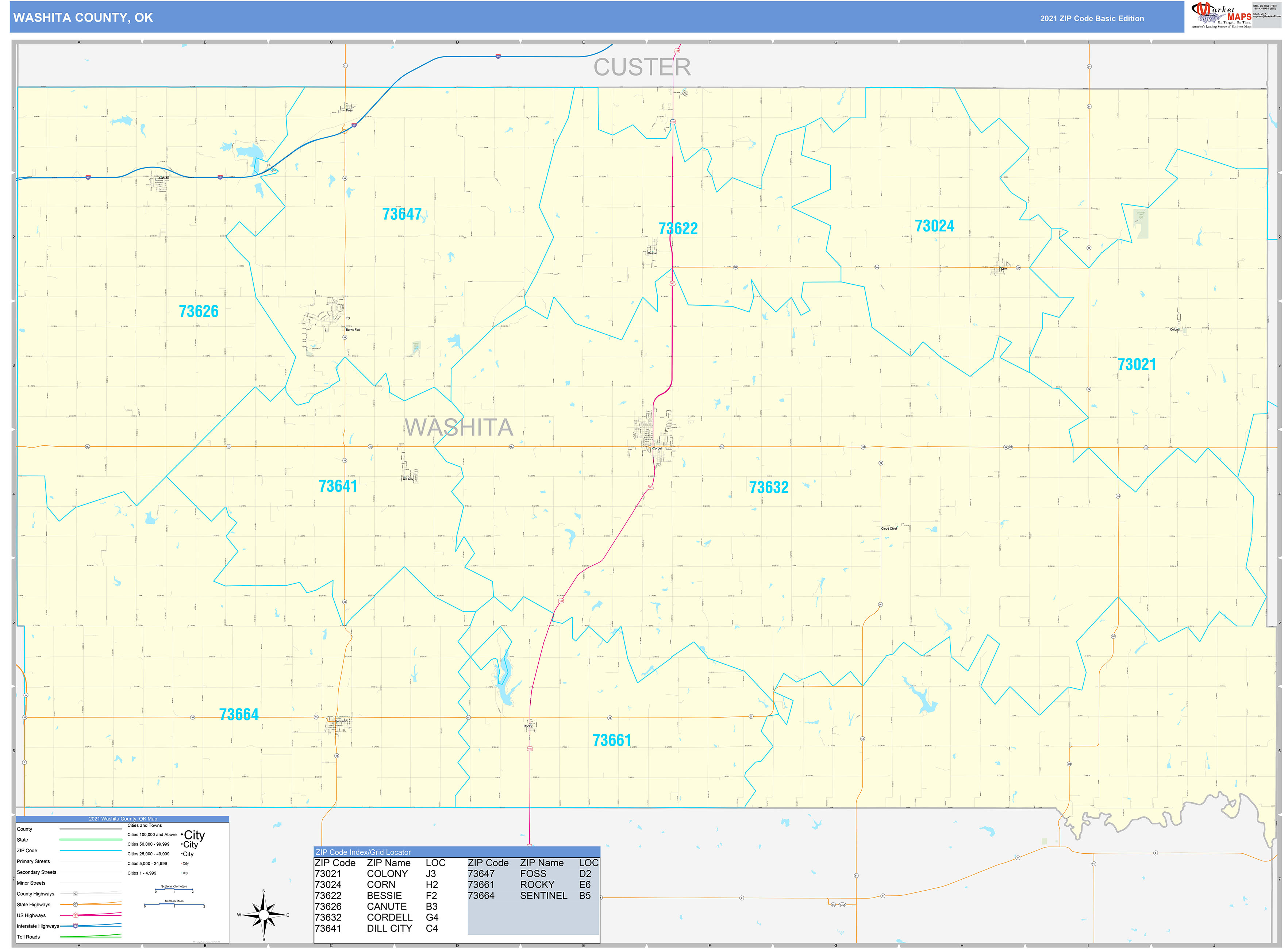 Washita County, OK Zip Code Wall Map Basic Style by MarketMAPS MapSales