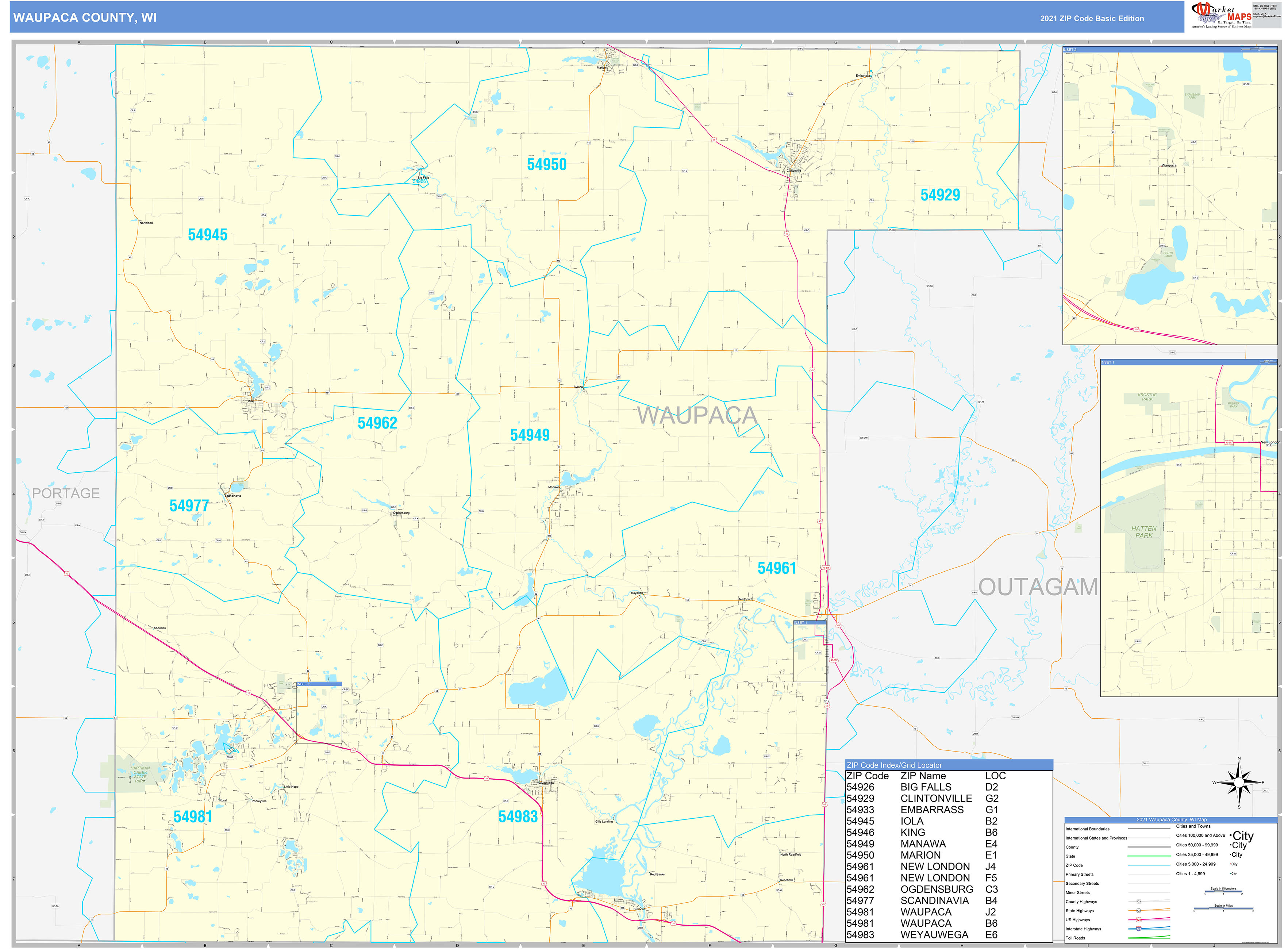 Waupaca County, WI Zip Code Wall Map Basic Style by MarketMAPS MapSales