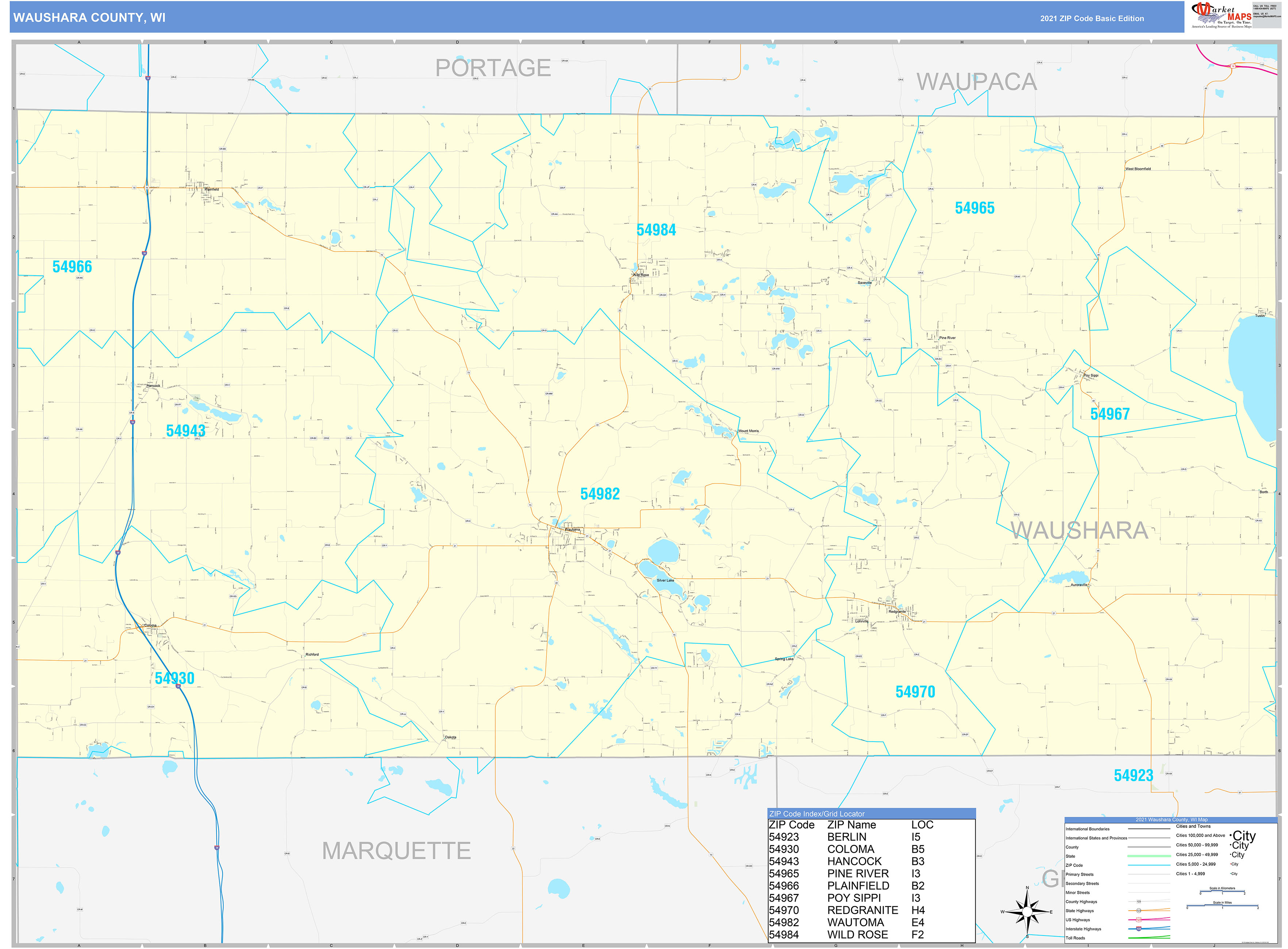 Waushara County, WI Zip Code Wall Map Basic Style by MarketMAPS MapSales