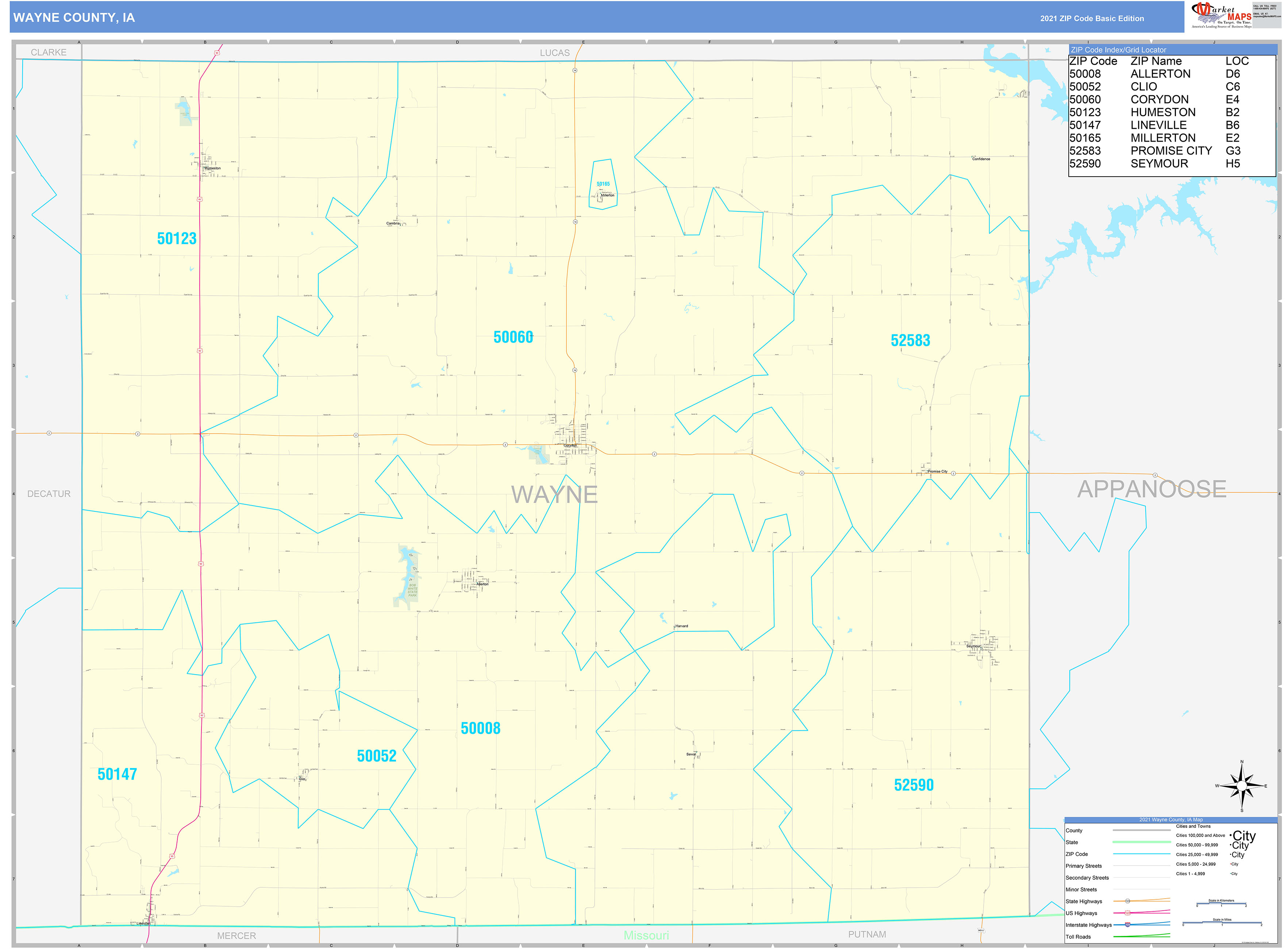 Wayne County, IA Zip Code Wall Map Basic Style by MarketMAPS