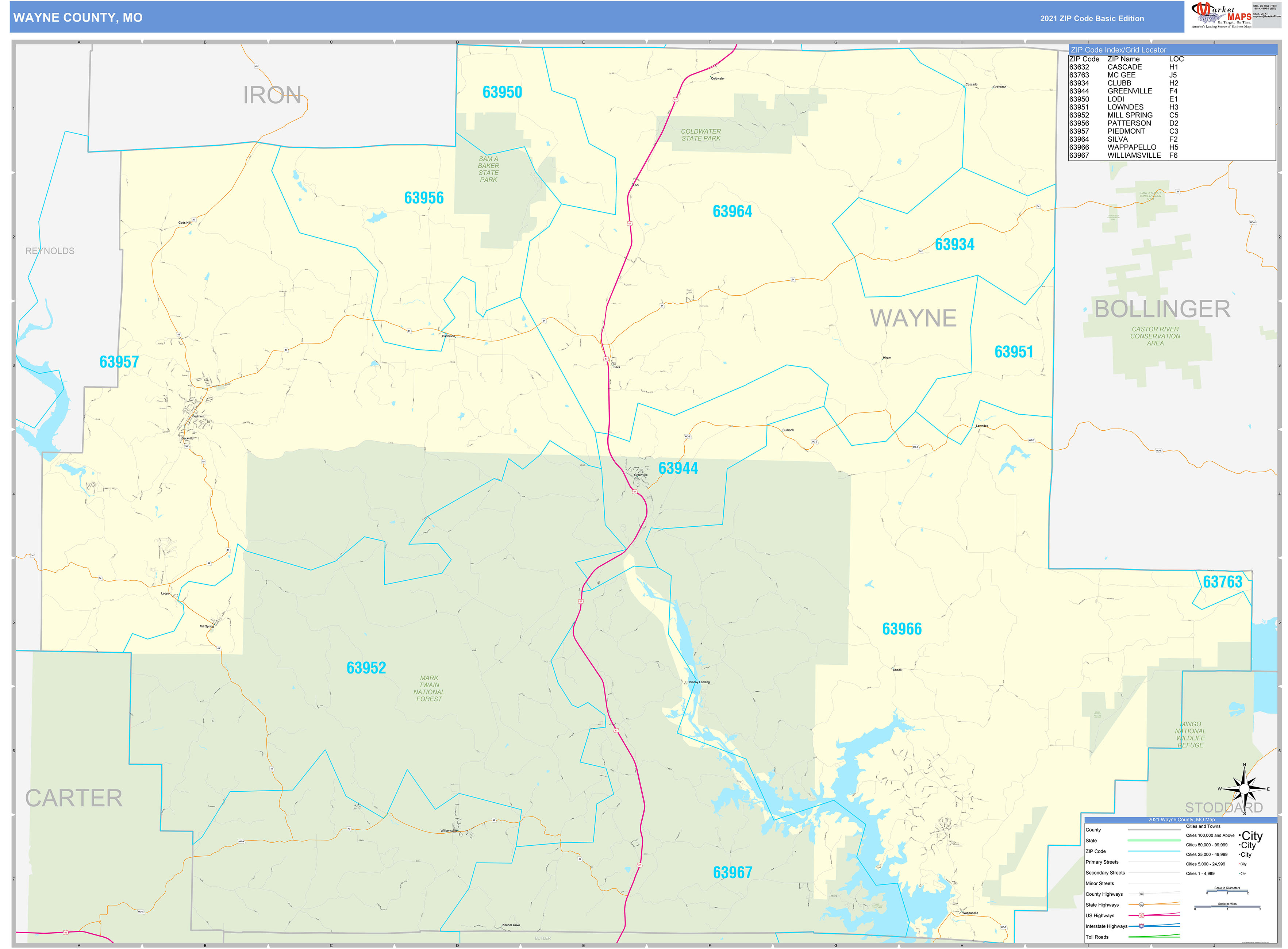 Wayne County, MO Zip Code Wall Map Basic Style by MarketMAPS MapSales