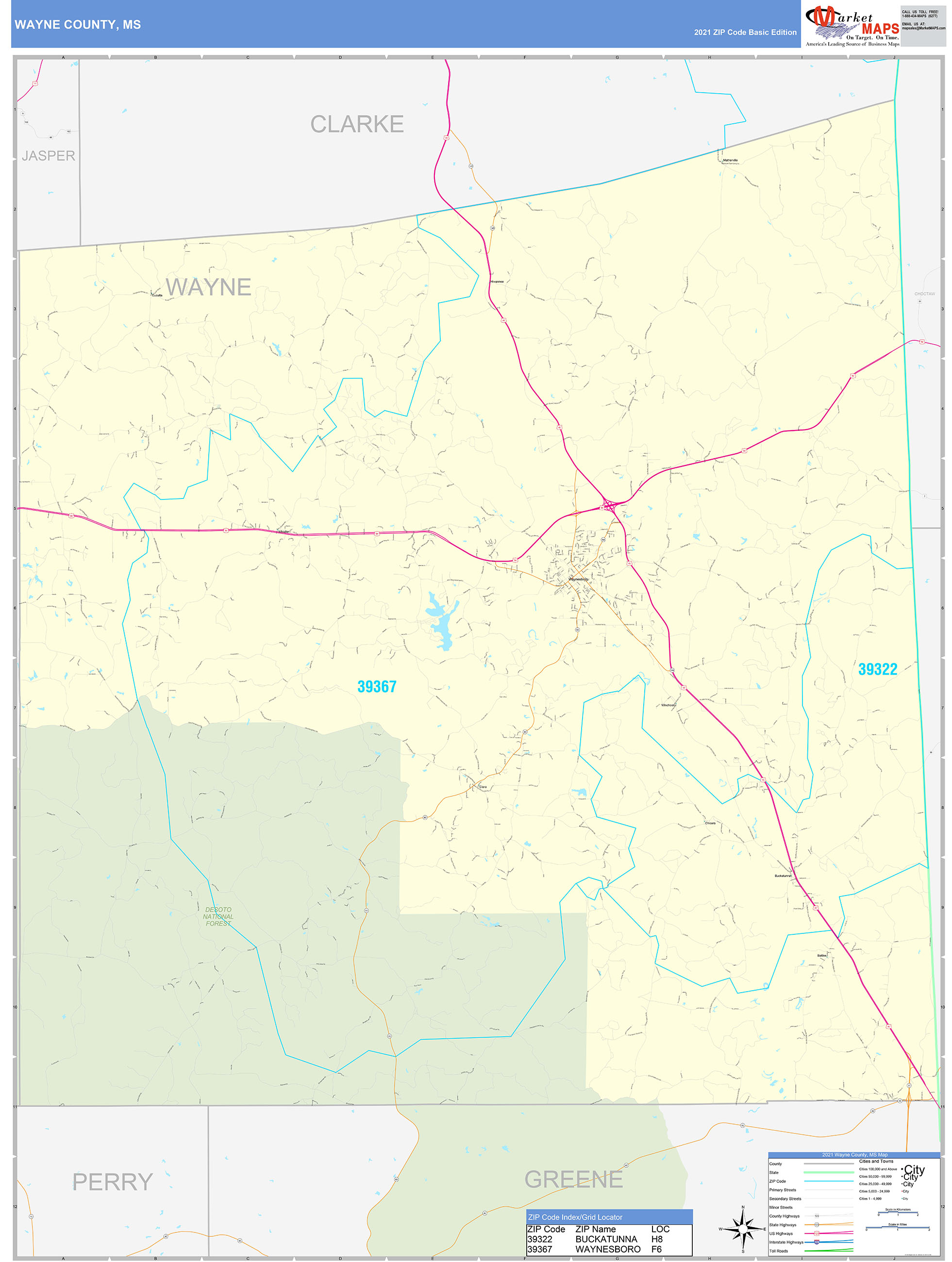 Wayne County, MS Zip Code Wall Map Basic Style by MarketMAPS MapSales