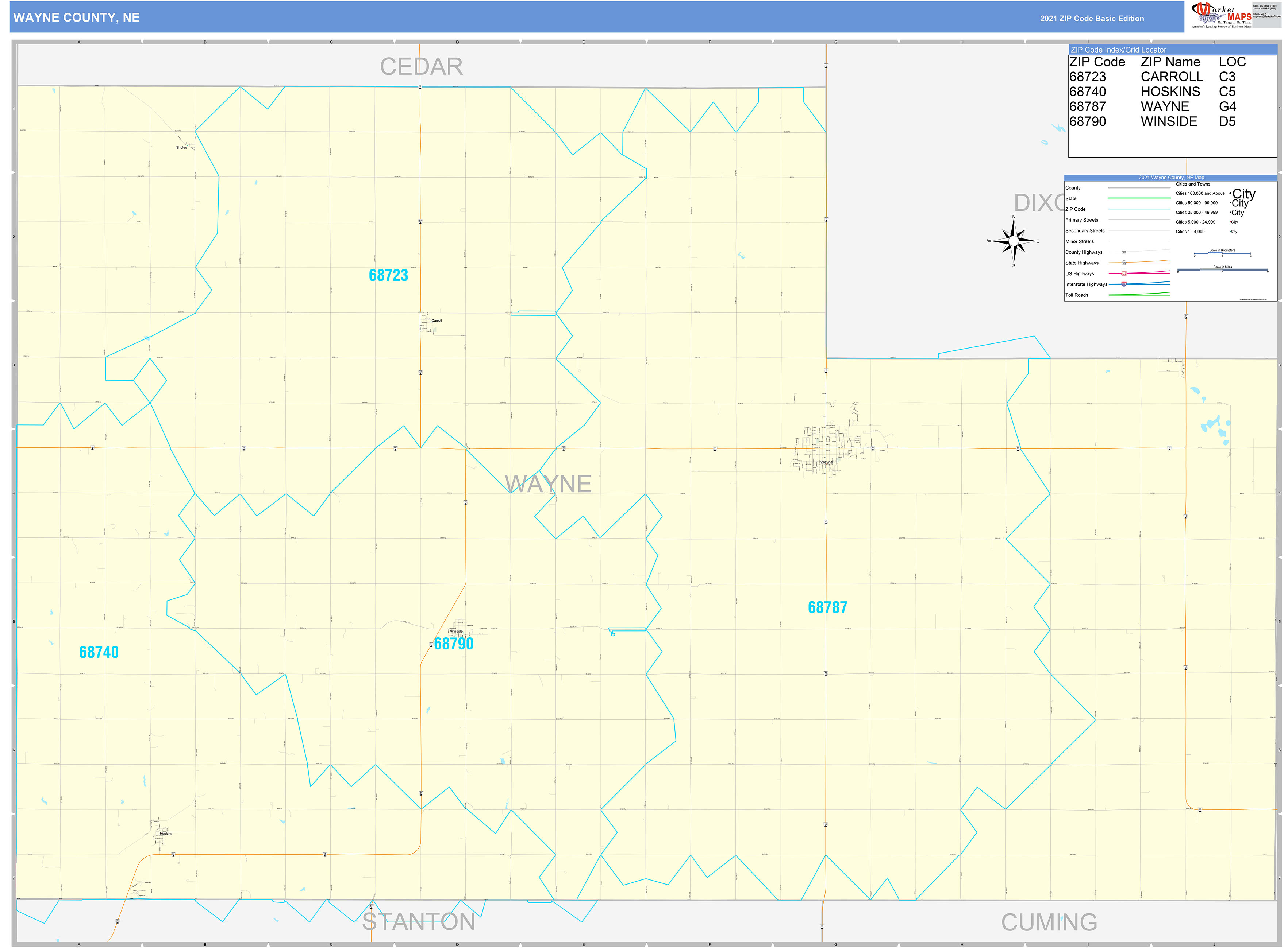 Wayne County, NE Zip Code Wall Map Basic Style by MarketMAPS MapSales