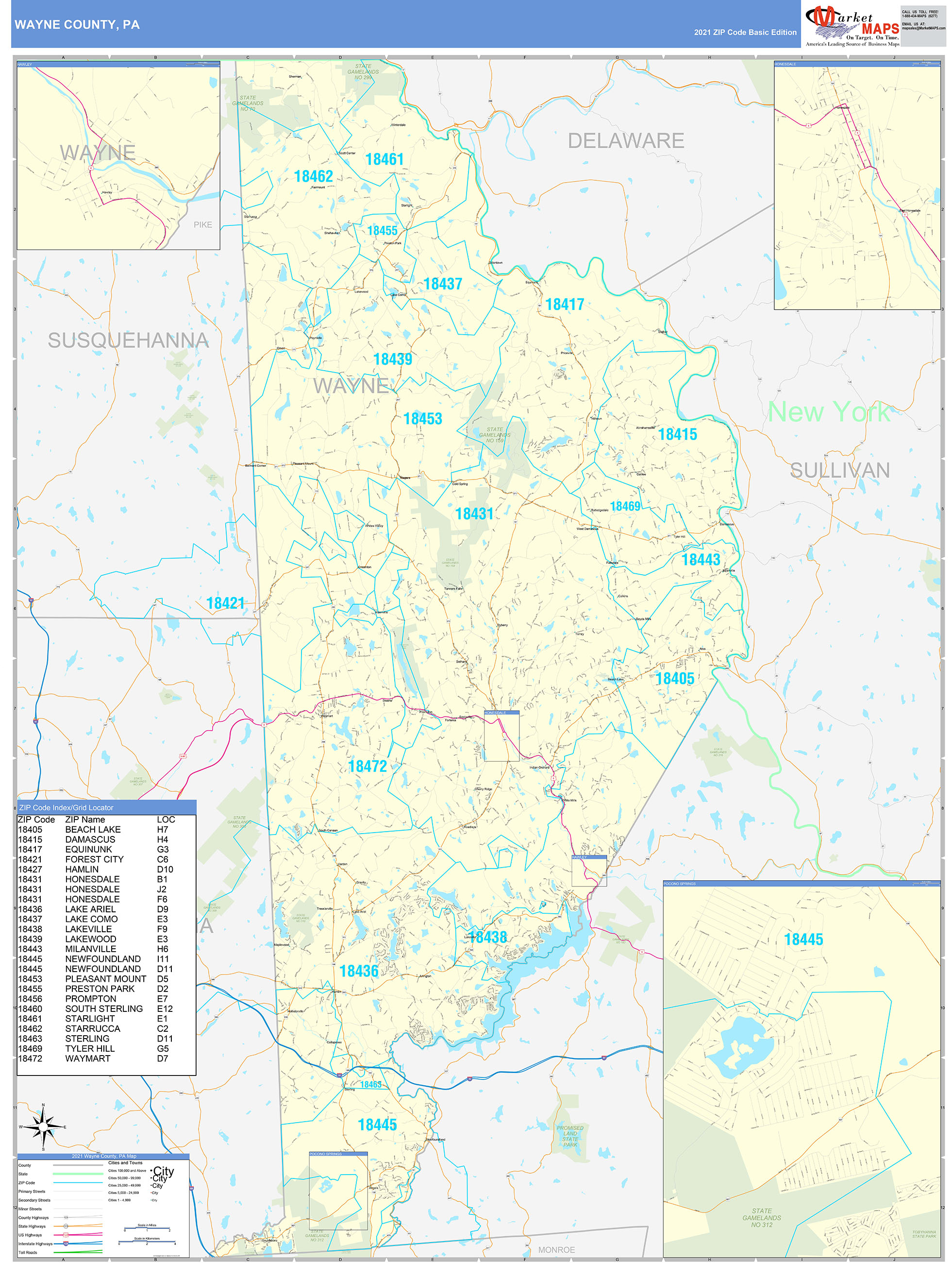 Wayne County, PA Zip Code Wall Map Basic Style by MarketMAPS MapSales