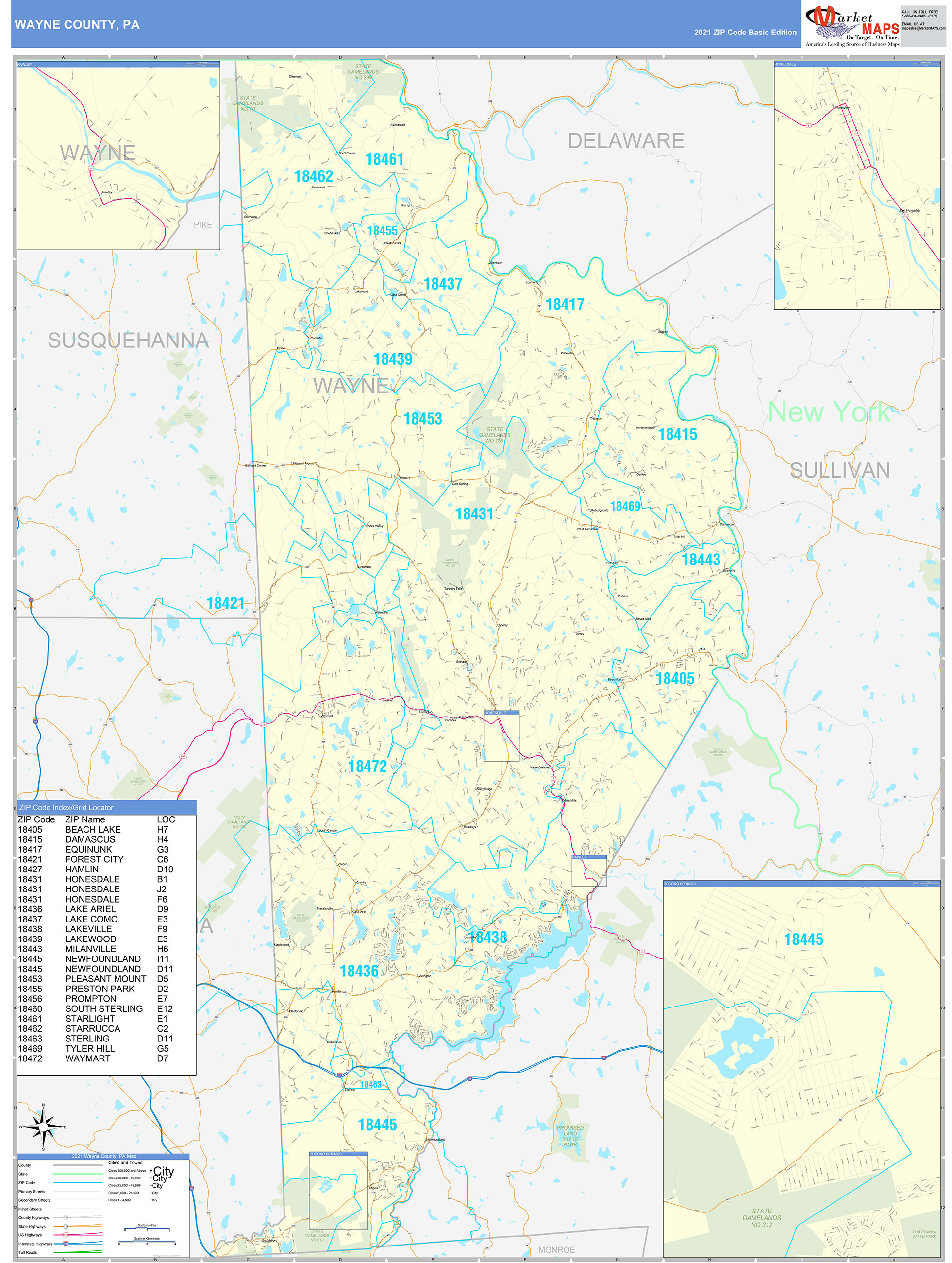 Wayne County Pa Zip Code Wall Map Basic Style By Marketmaps Mapsales