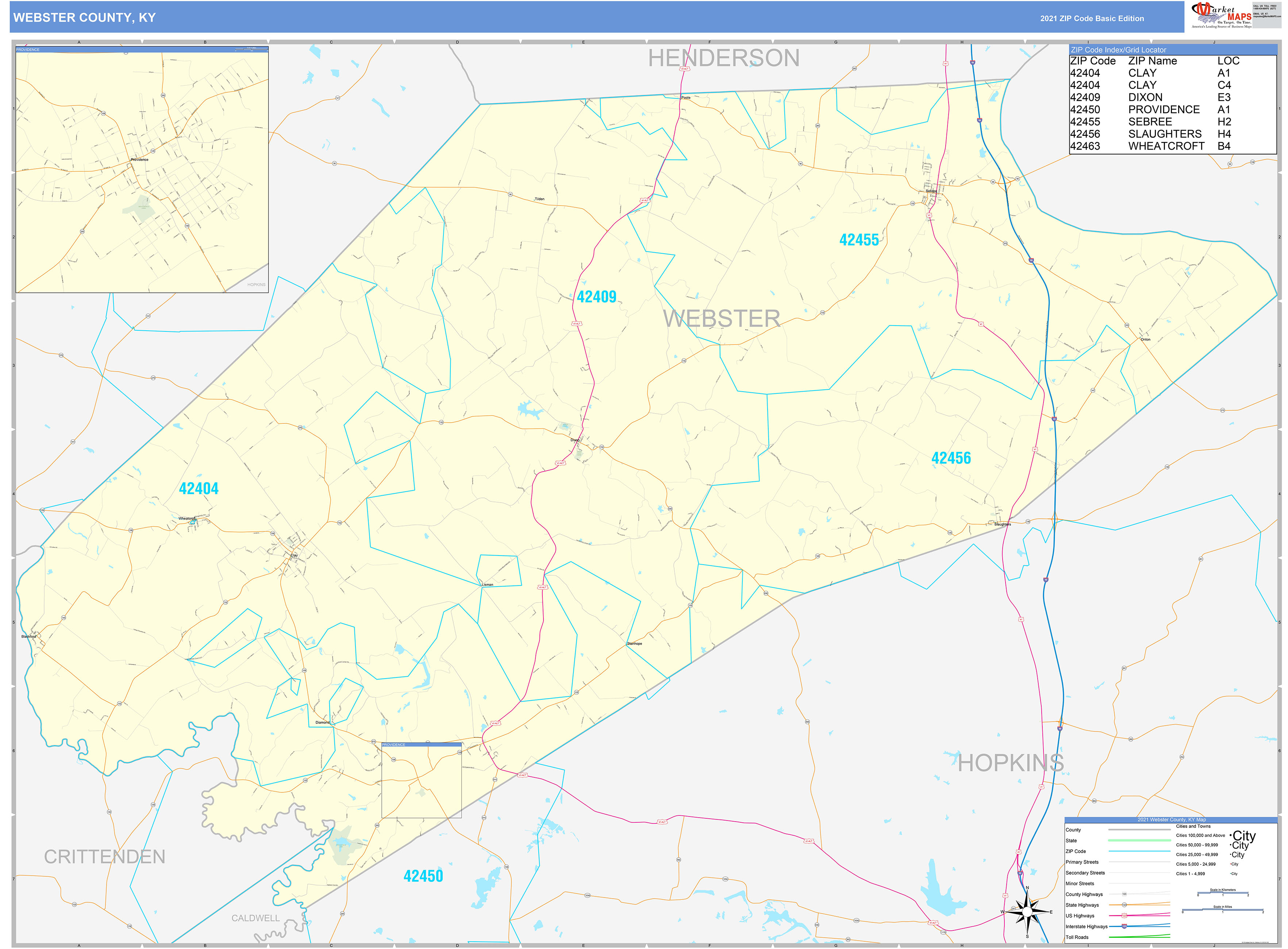 Webster County, KY Zip Code Wall Map Basic Style by MarketMAPS
