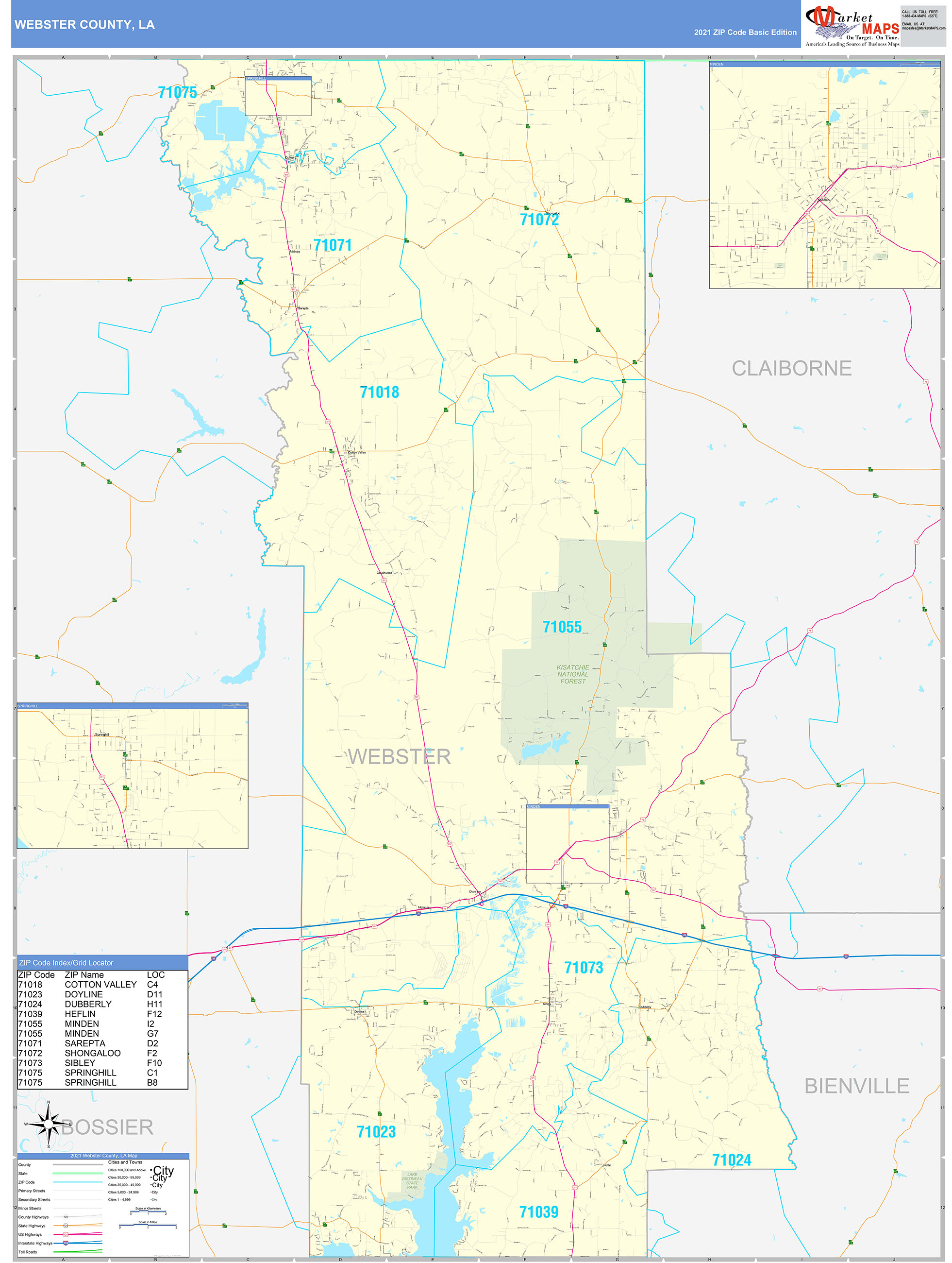 Webster County, LA Zip Code Wall Map Basic Style by MarketMAPS MapSales