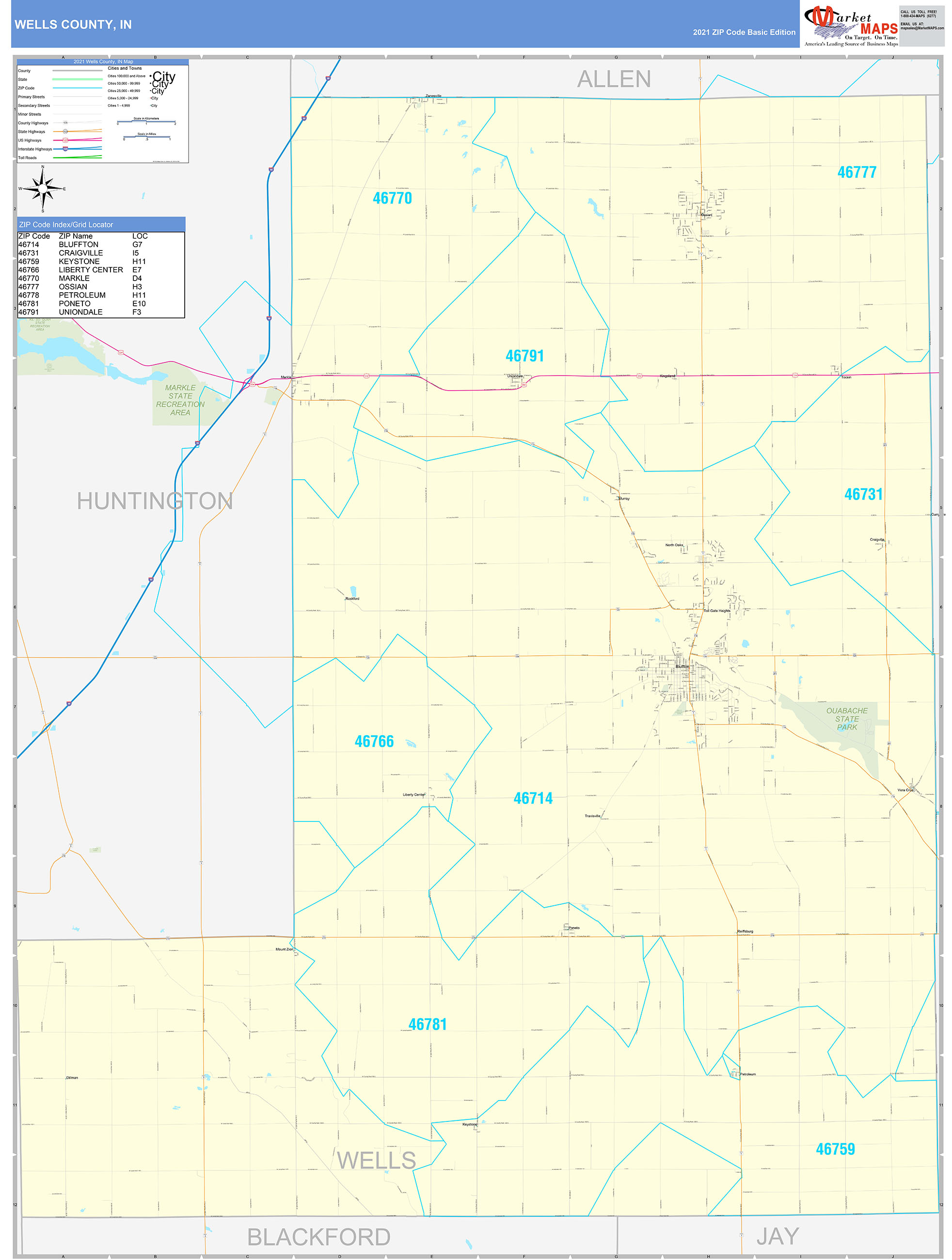 Wells County, IN Zip Code Wall Map Basic Style by MarketMAPS MapSales