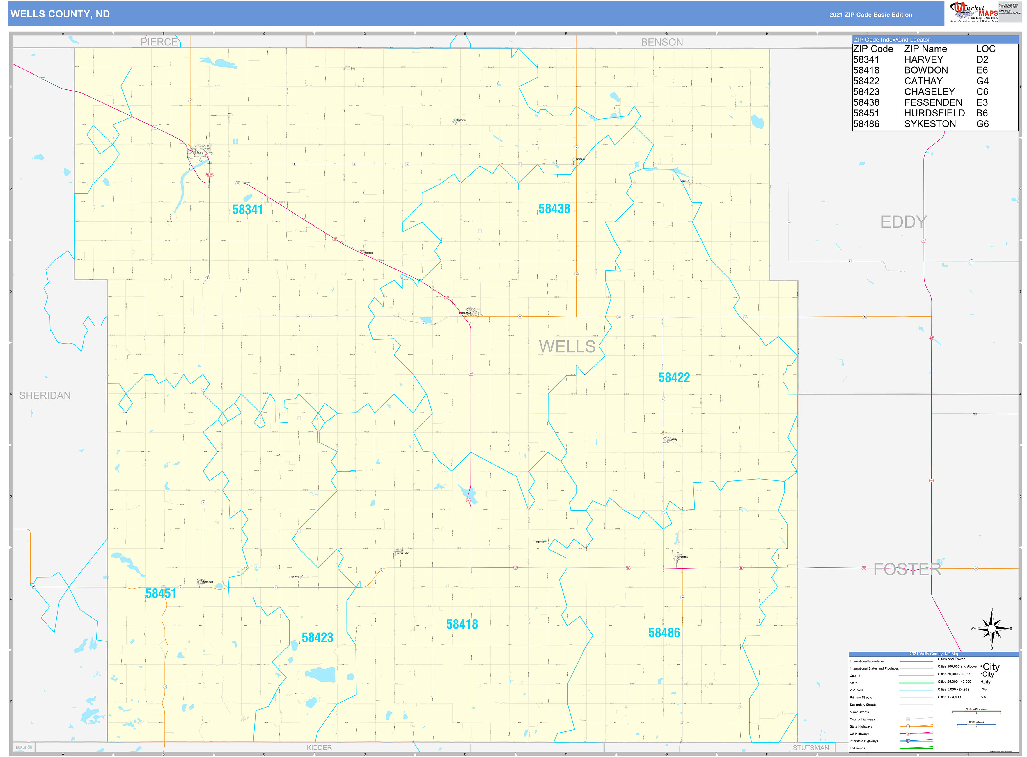 Wells County, ND Zip Code Wall Map Basic Style by MarketMAPS MapSales