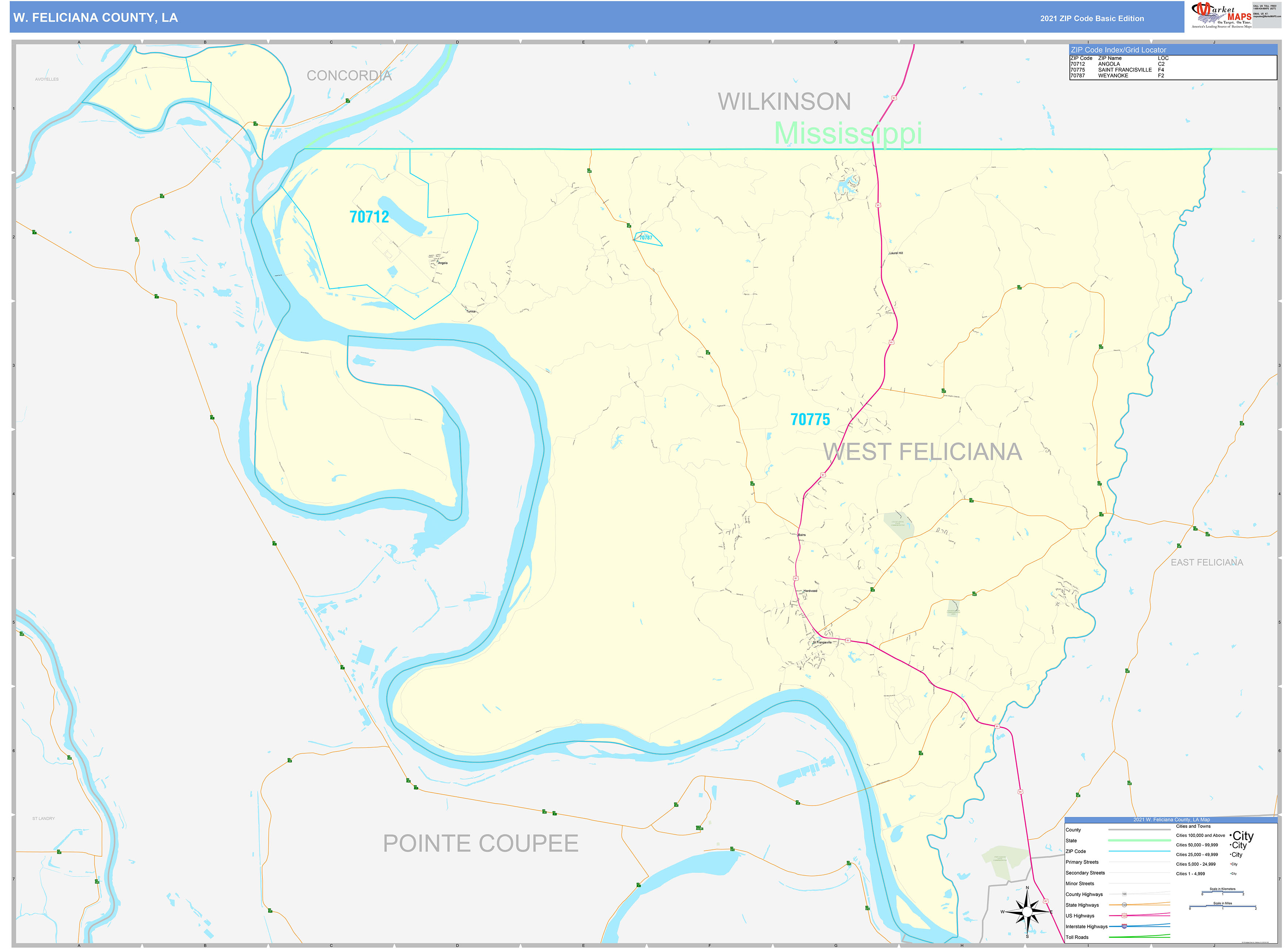 W. Feliciana County, LA Zip Code Wall Map Basic Style by MarketMAPS
