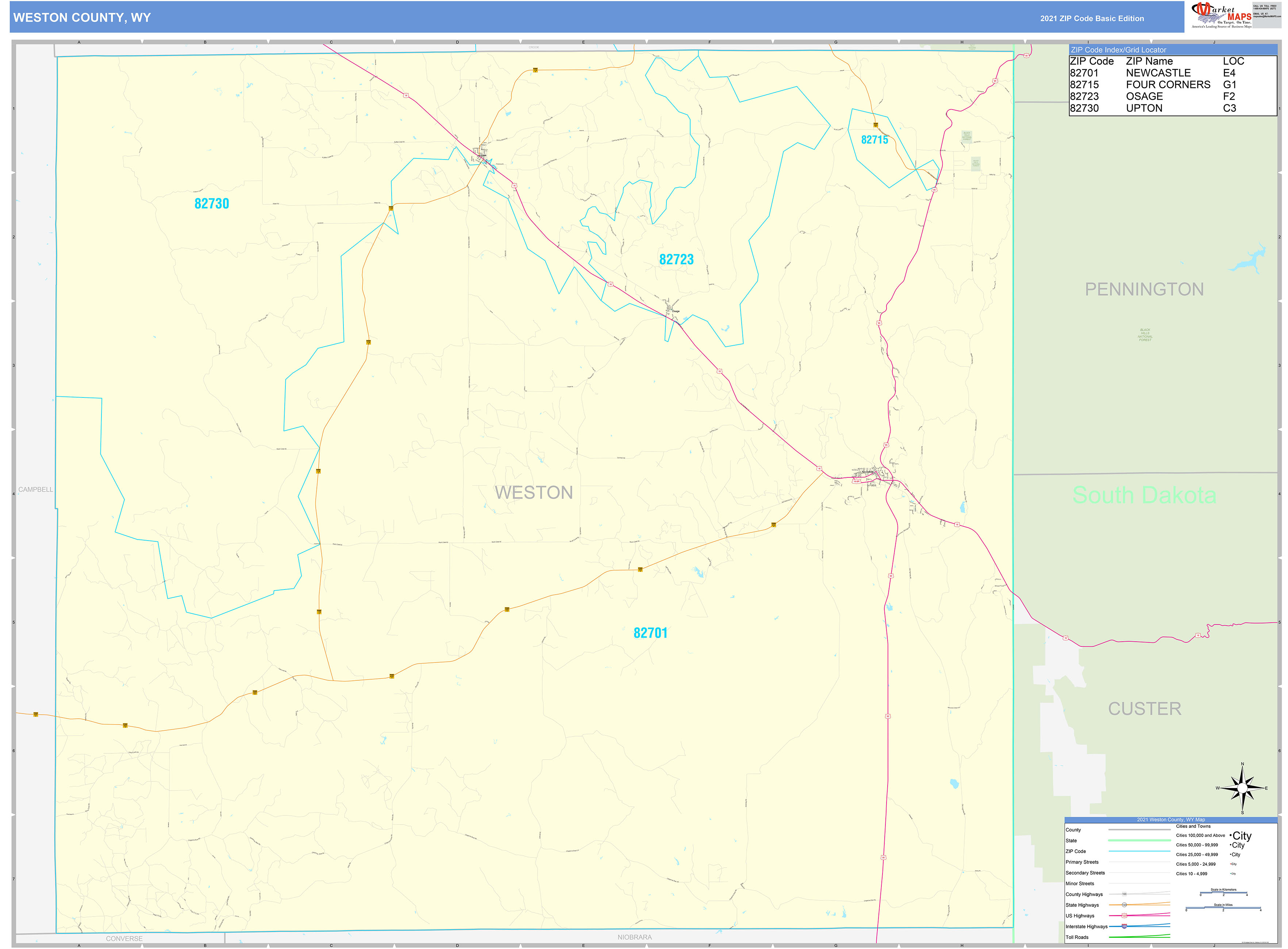 Weston County, WY Zip Code Wall Map Basic Style by MarketMAPS MapSales