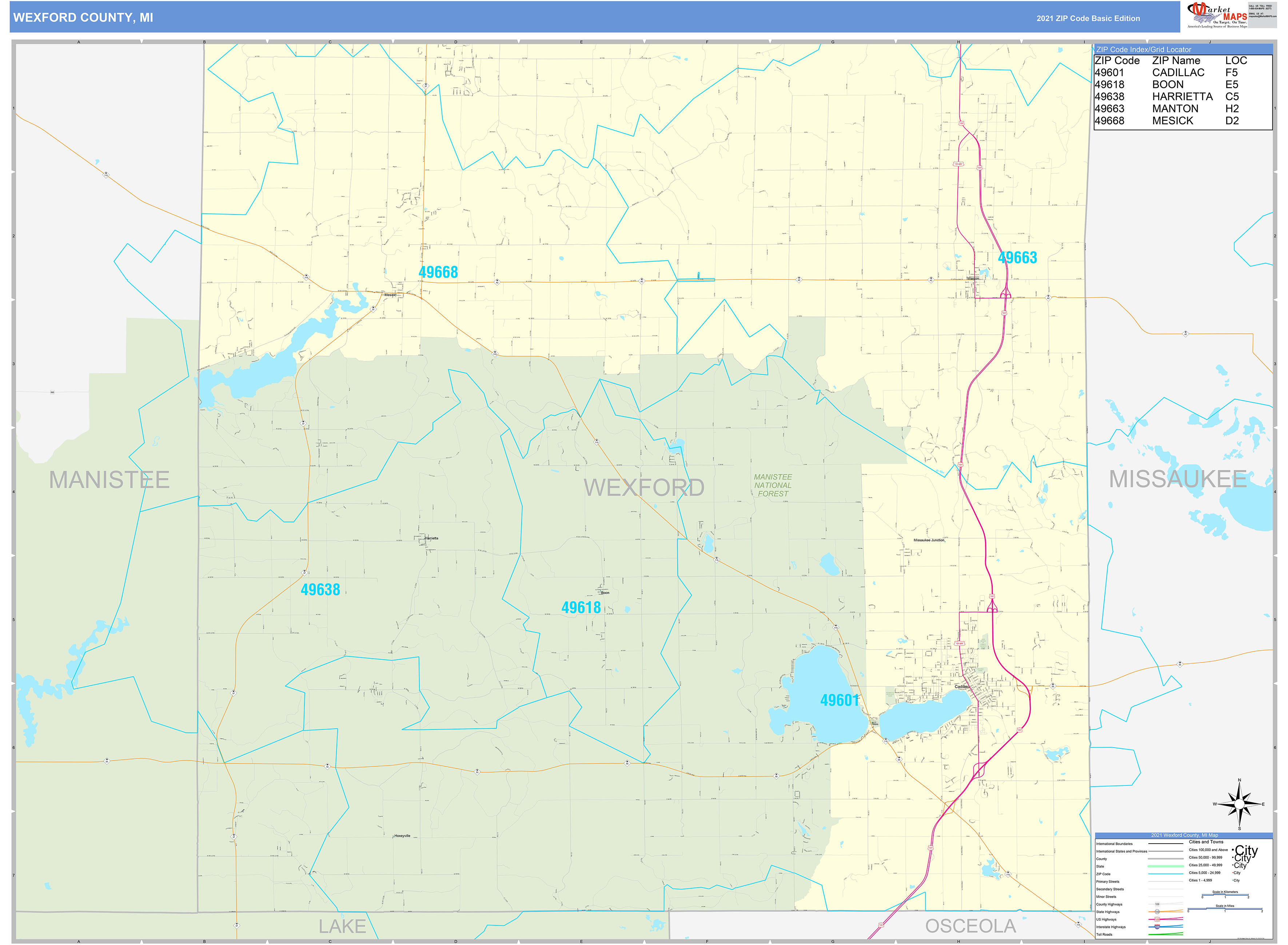 Wexford County, MI Zip Code Wall Map Basic Style by MarketMAPS MapSales