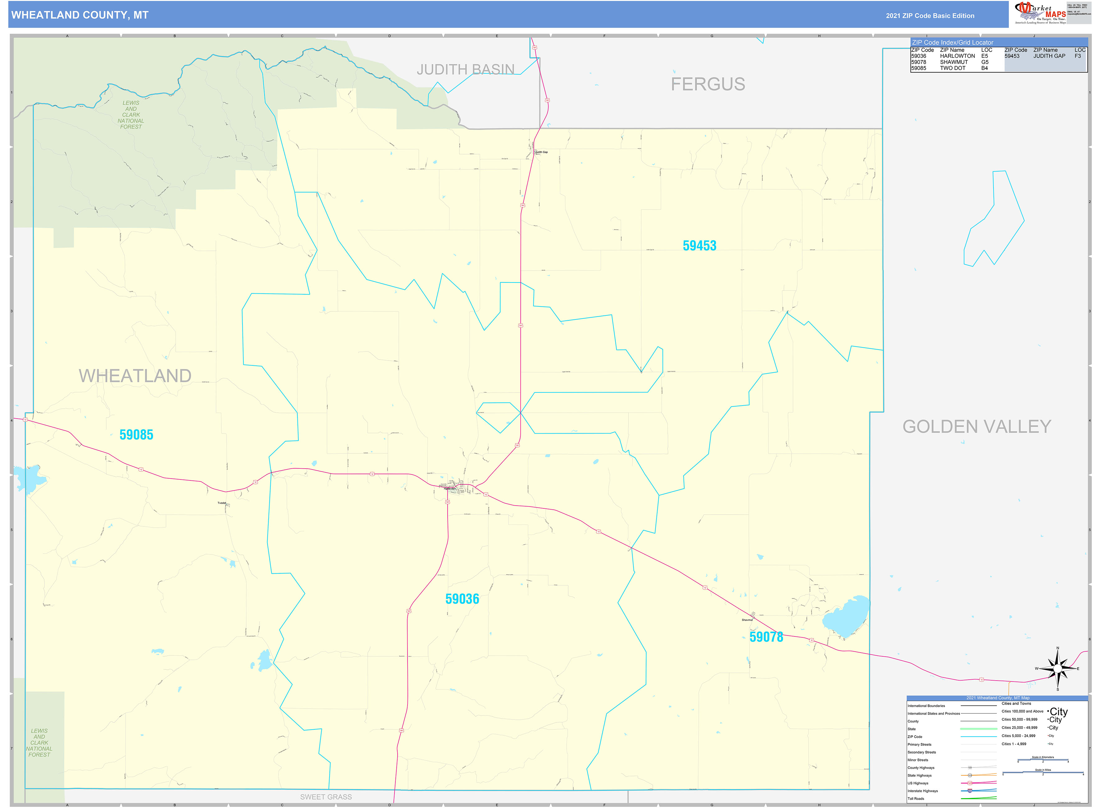 Wheatland County, MT Zip Code Wall Map Basic Style by MarketMAPS