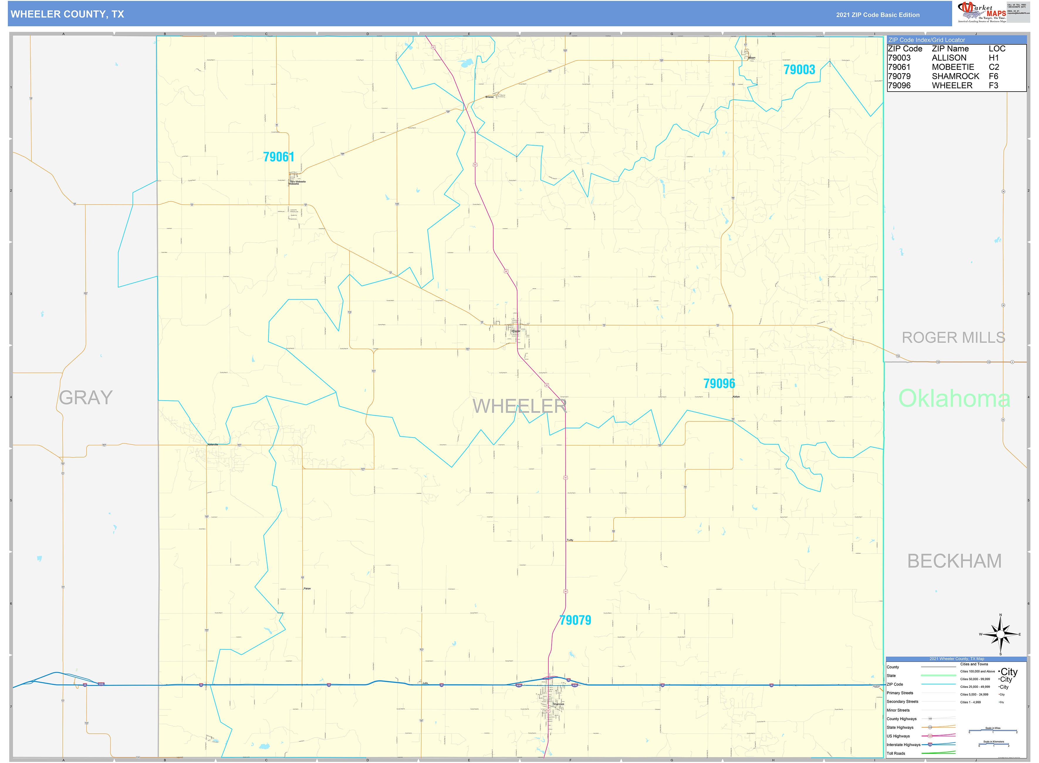Wheeler County, TX Zip Code Wall Map Basic Style by MarketMAPS MapSales