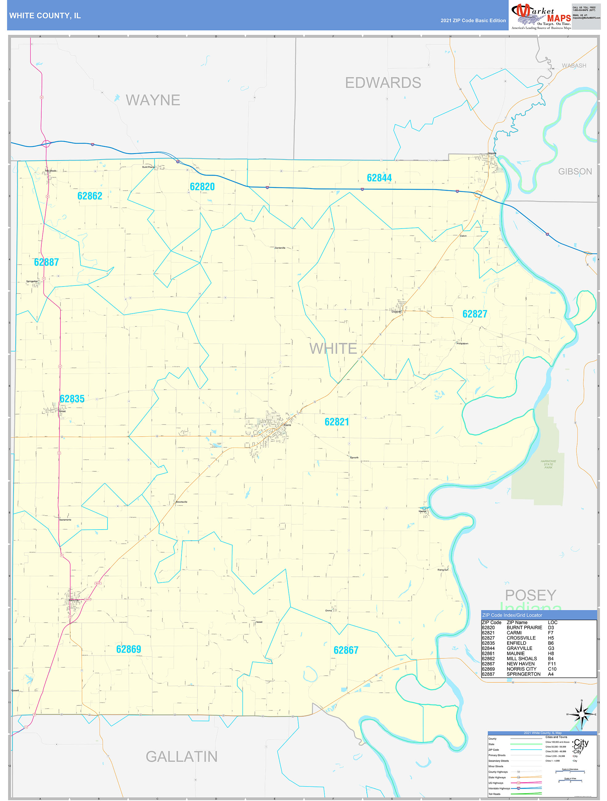 White County, IL Zip Code Wall Map Basic Style by MarketMAPS MapSales