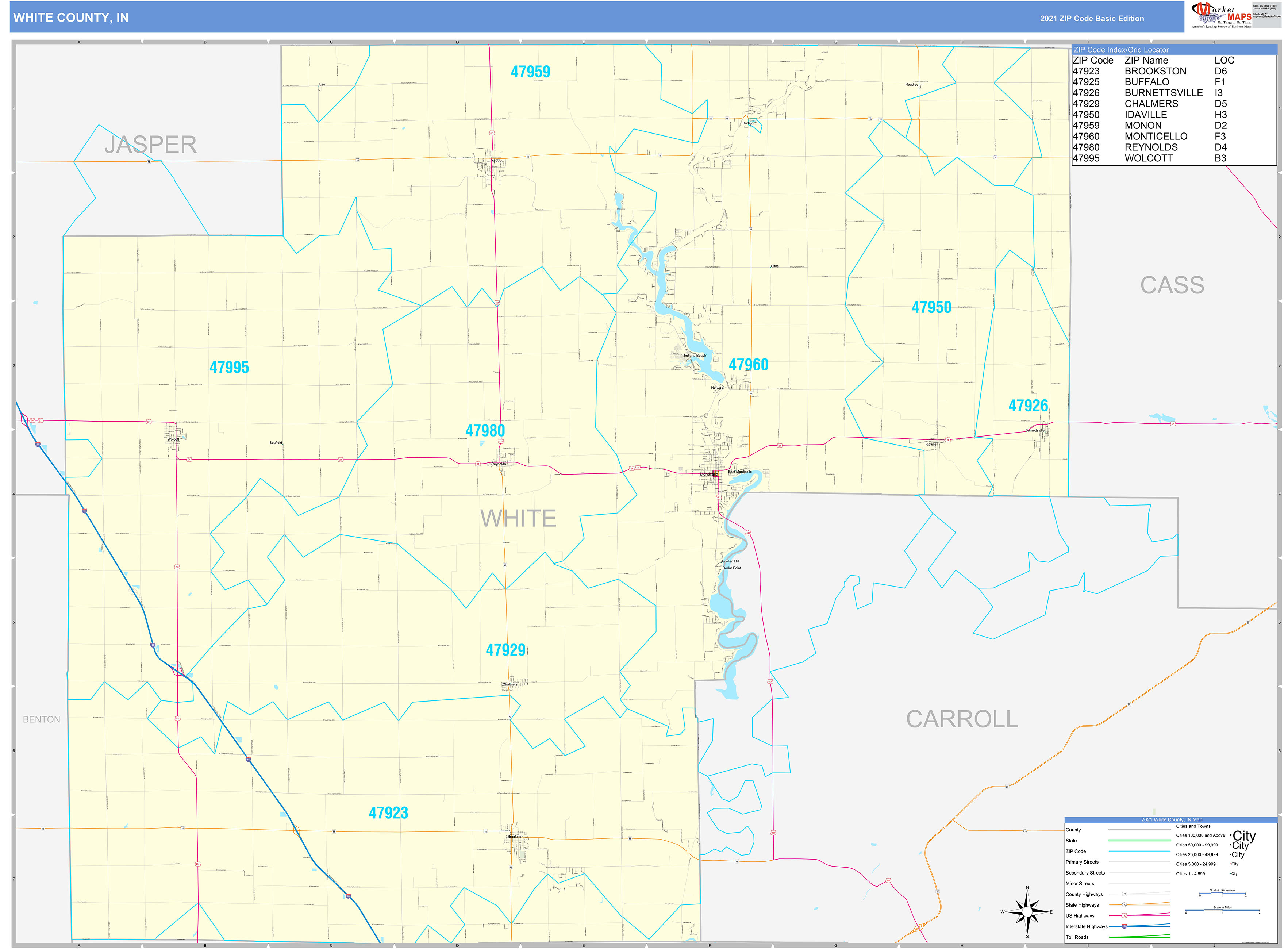White County, IN Zip Code Wall Map Basic Style by MarketMAPS