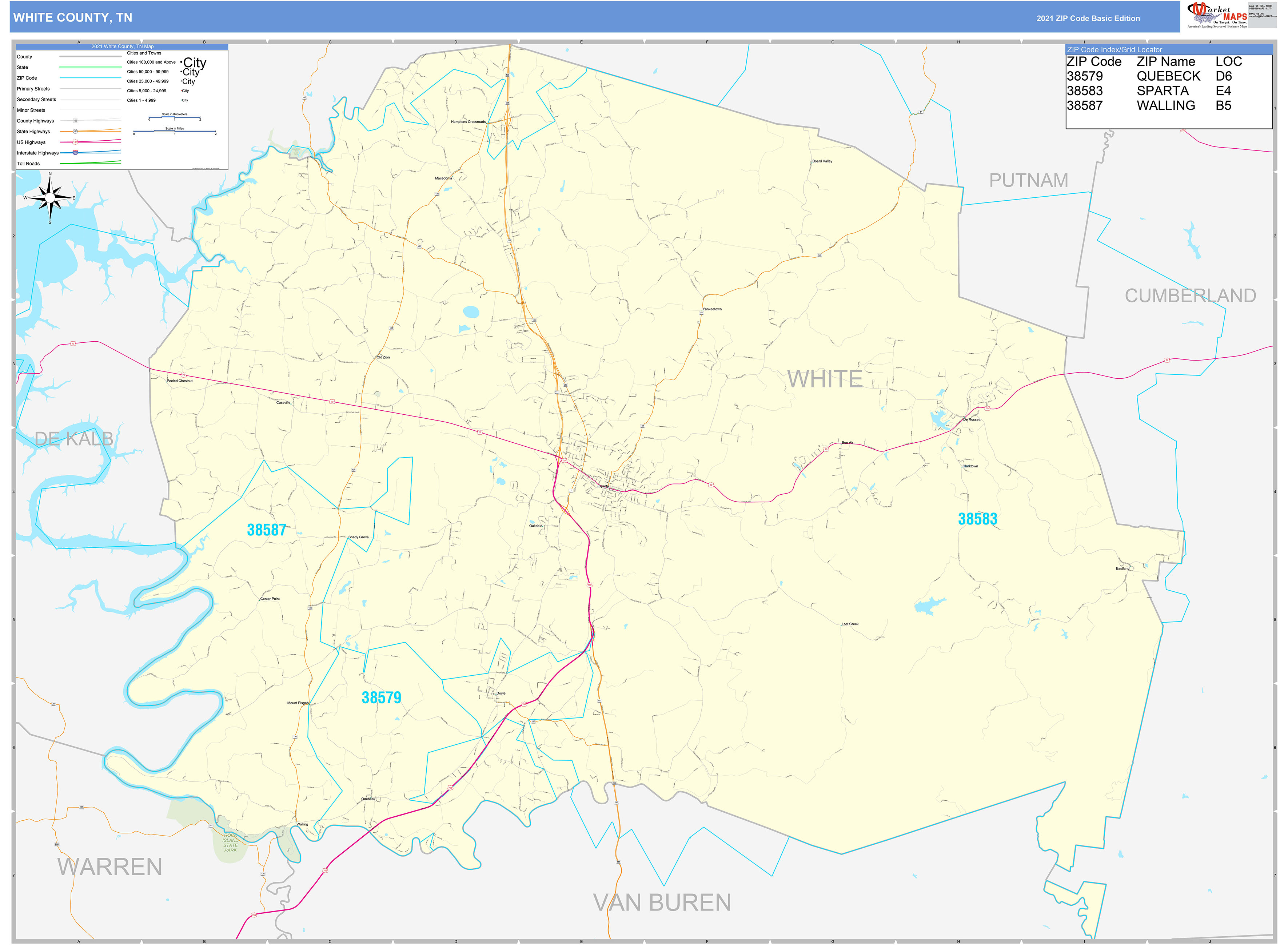 White County, TN Zip Code Wall Map Basic Style by MarketMAPS