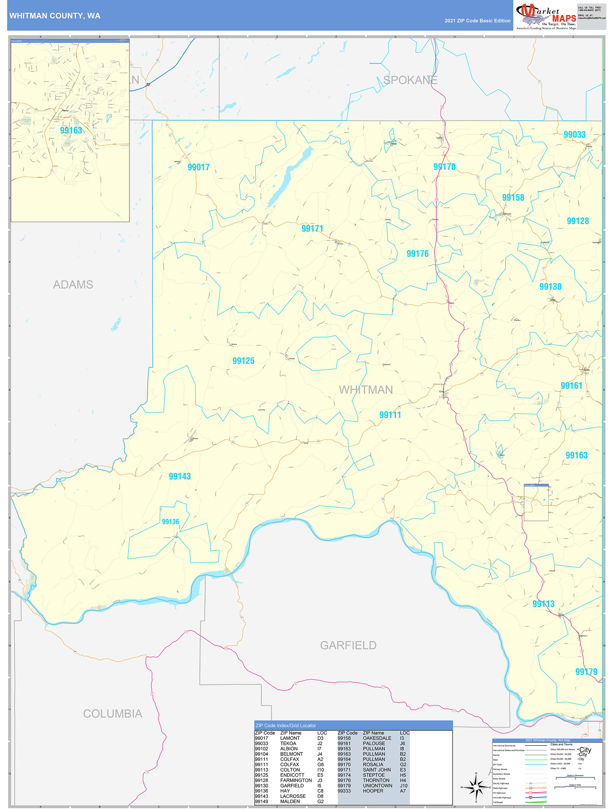 Whitman County, WA Zip Code Wall Map Basic Style by MarketMAPS