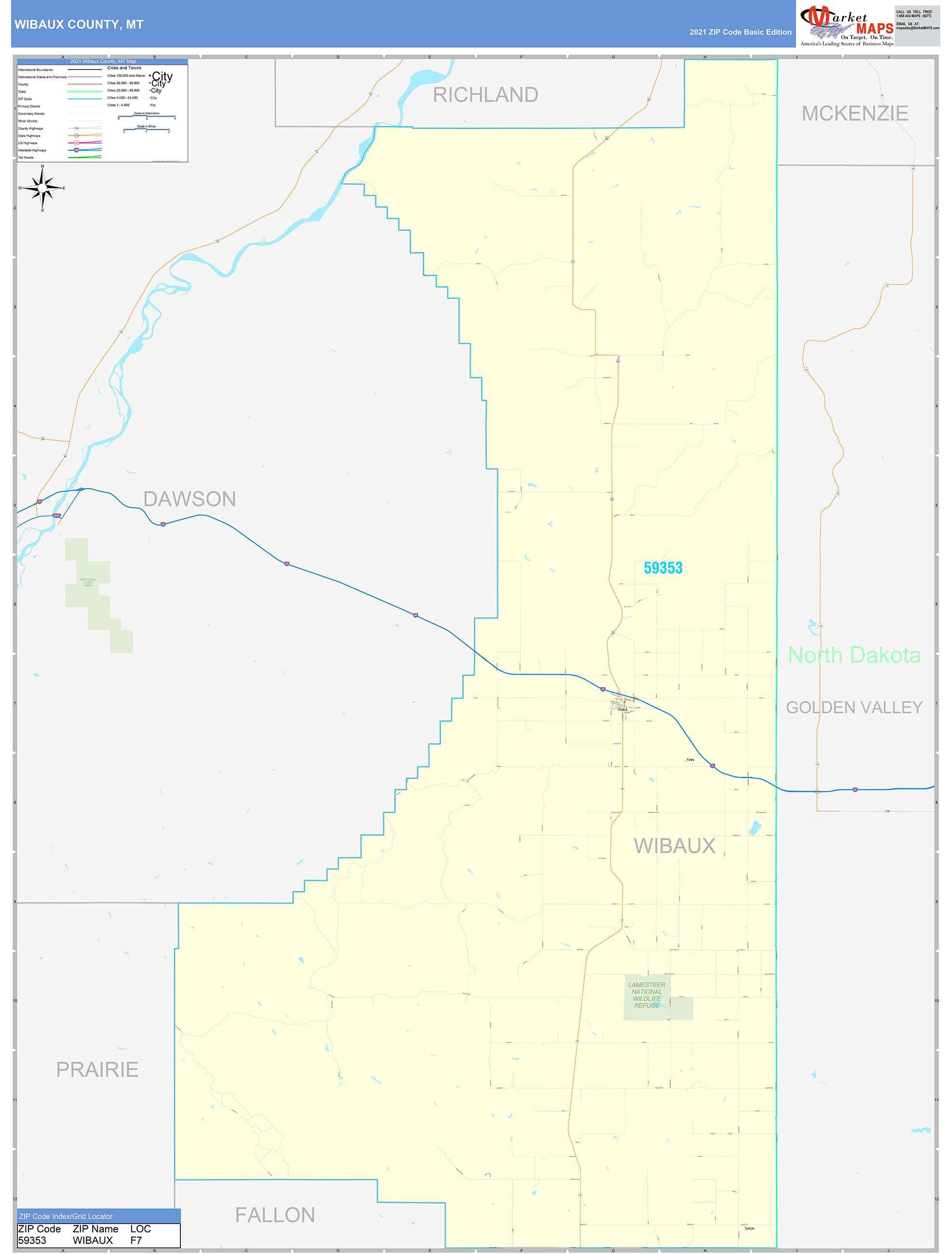 Wibaux County, MT Zip Code Wall Map Basic Style by MarketMAPS MapSales