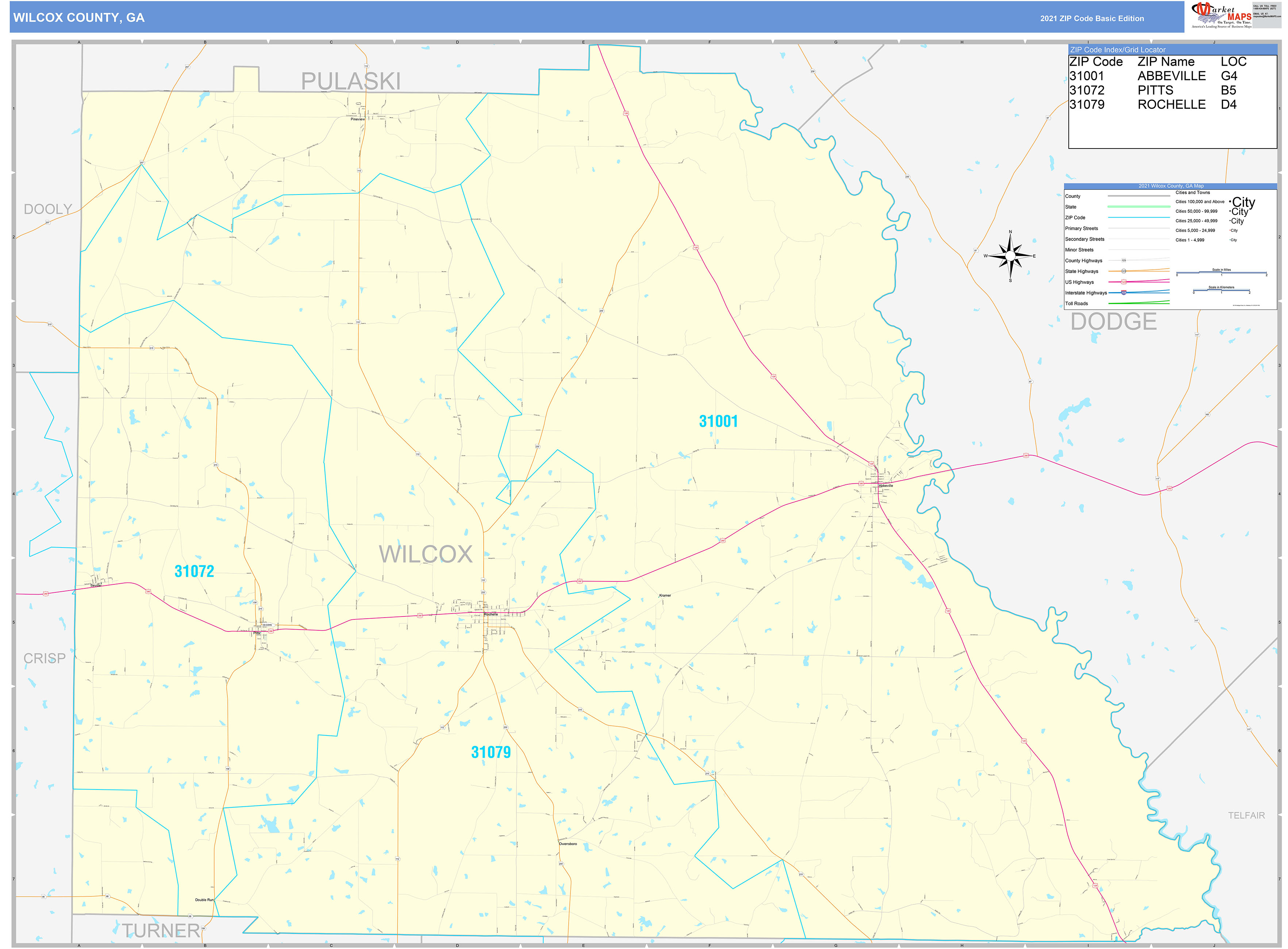 Wilcox County, GA Zip Code Wall Map Basic Style by MarketMAPS