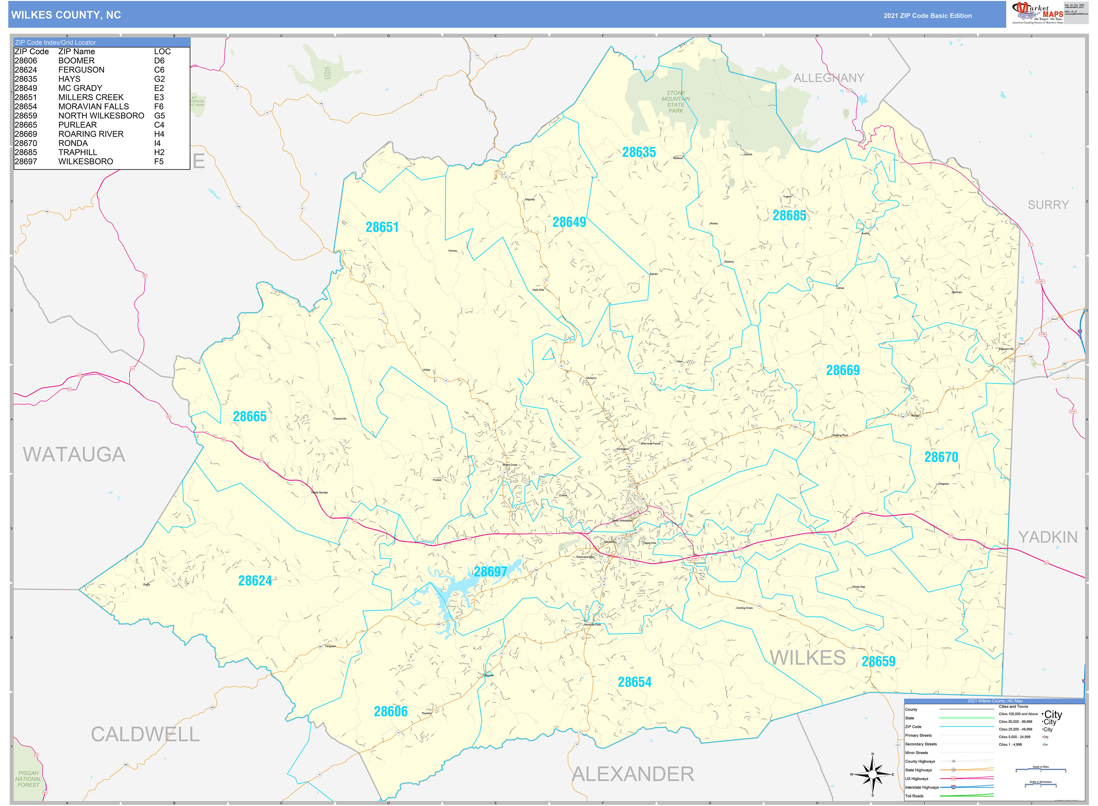 Wilkes County, NC Zip Code Wall Map Basic Style by MarketMAPS MapSales