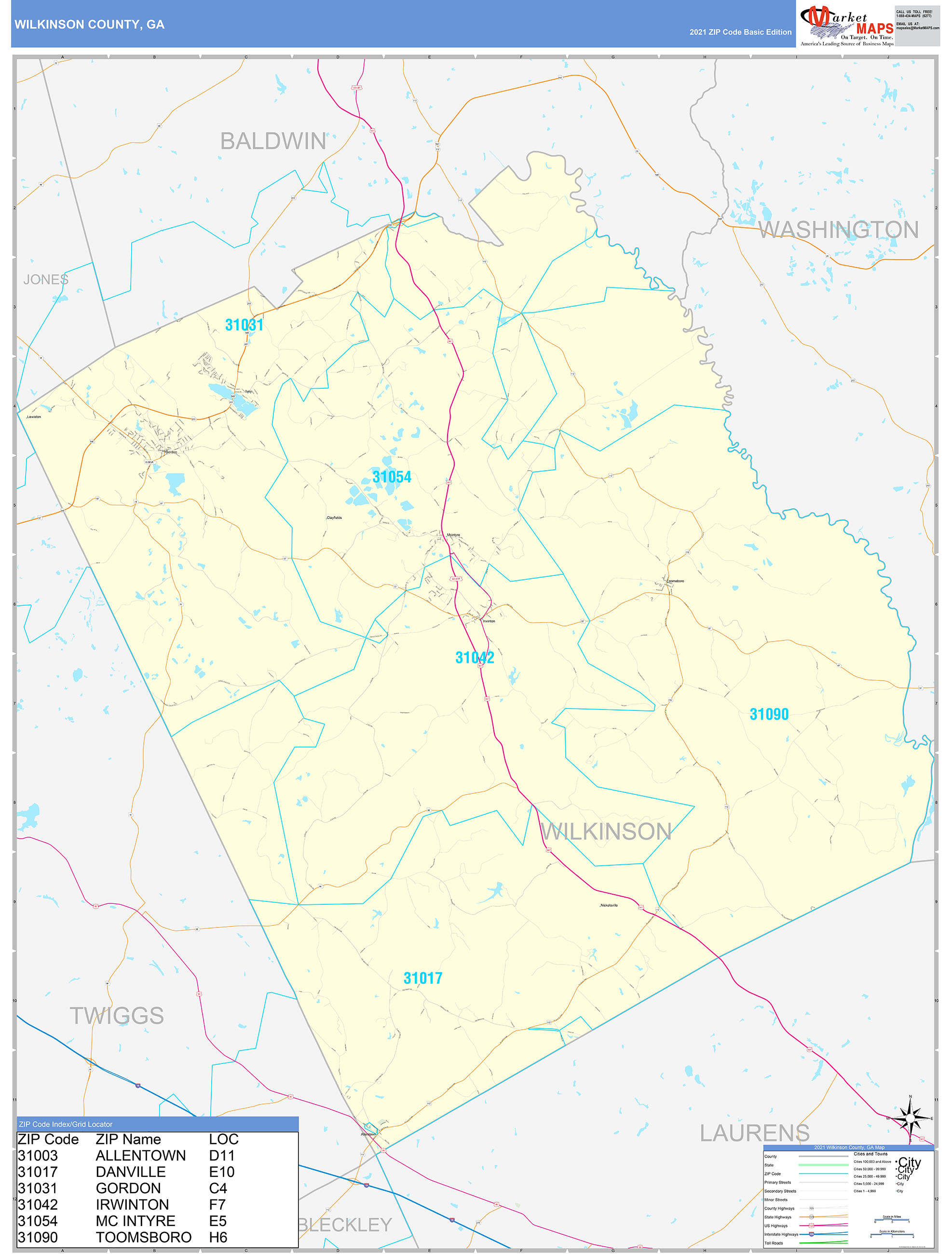 Wilkinson County, GA Zip Code Wall Map Basic Style by MarketMAPS MapSales