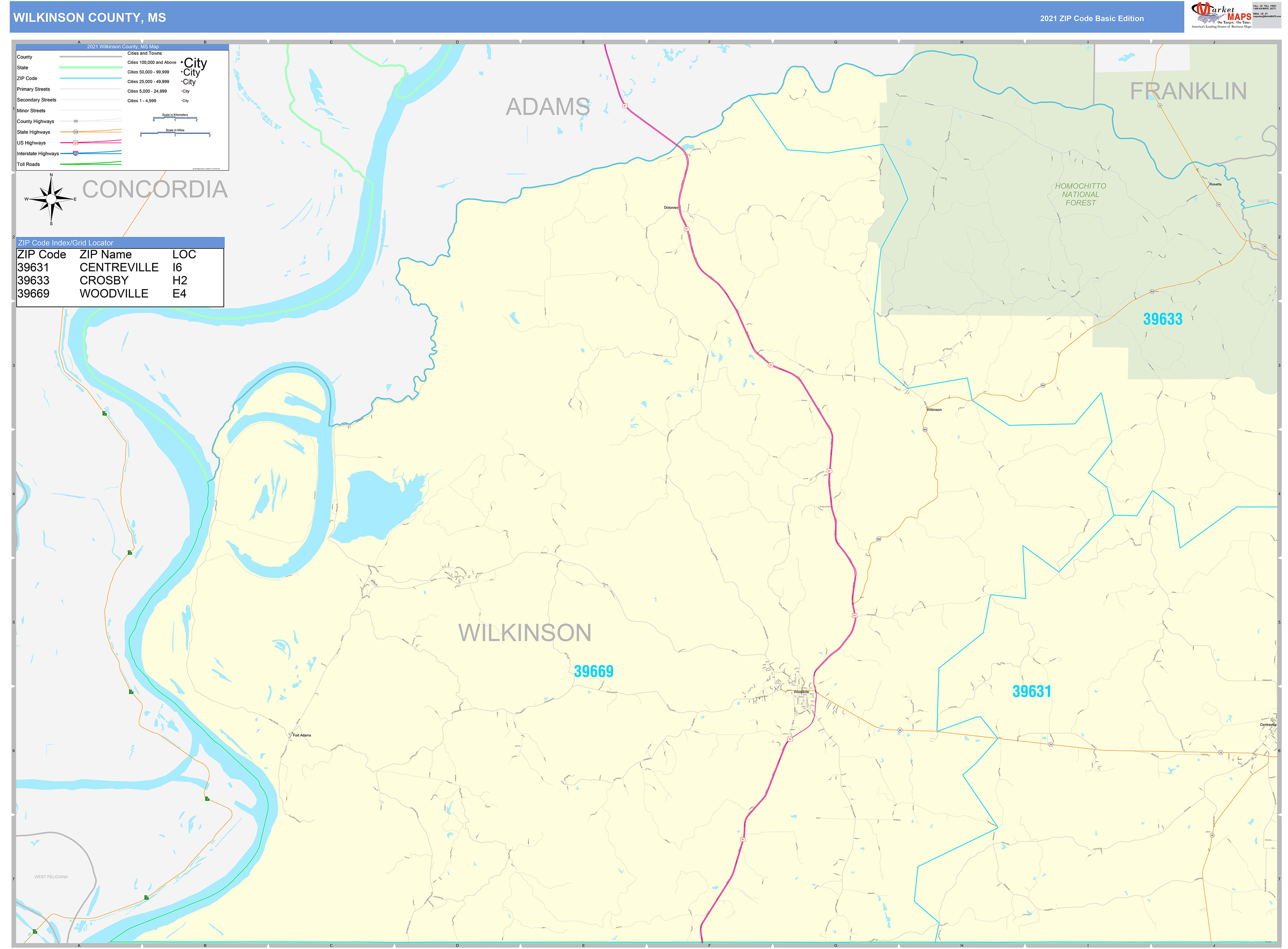 Wilkinson County, MS Zip Code Wall Map Basic Style by MarketMAPS