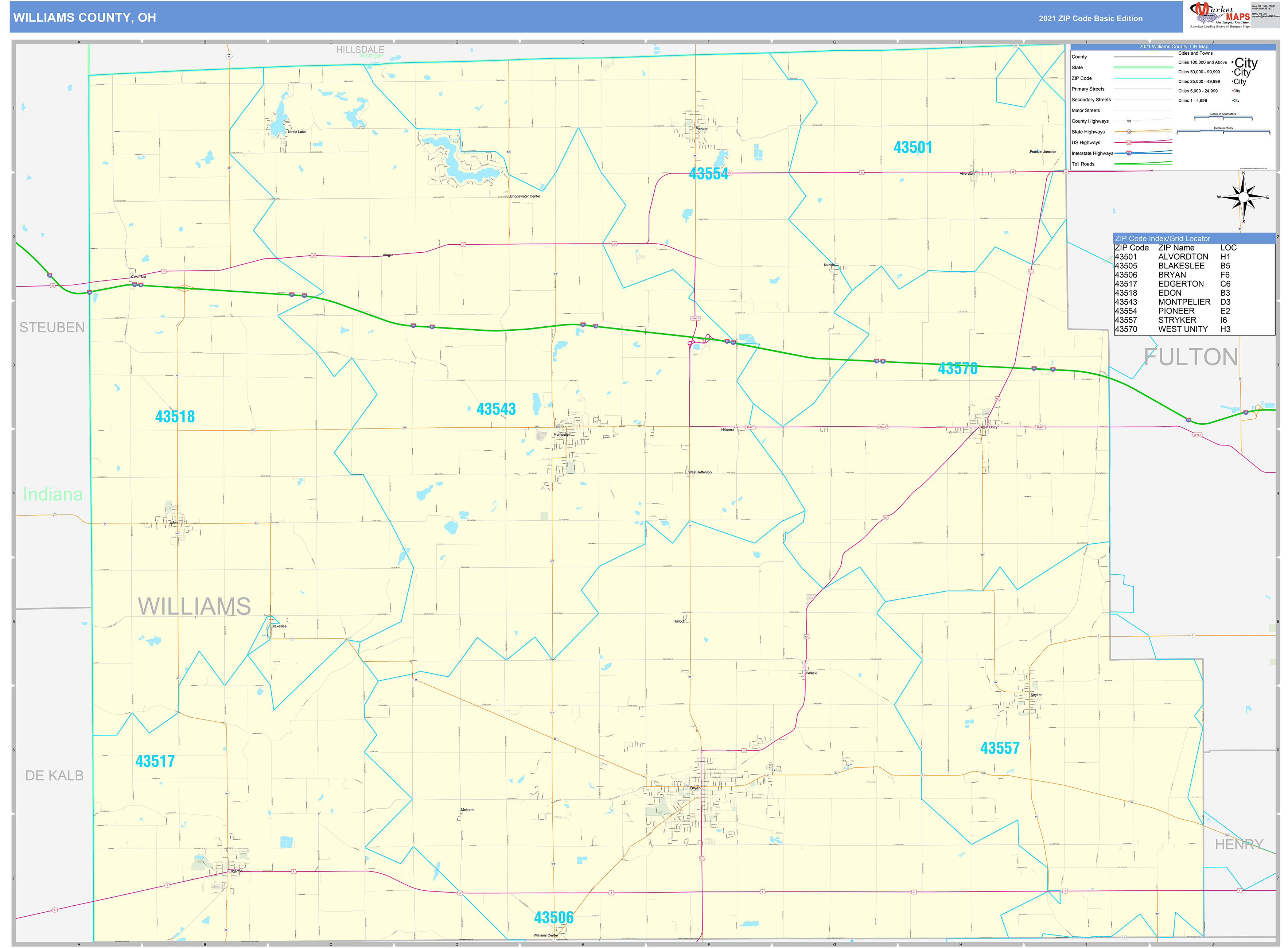 Williams County, OH Zip Code Wall Map Basic Style by MarketMAPS MapSales