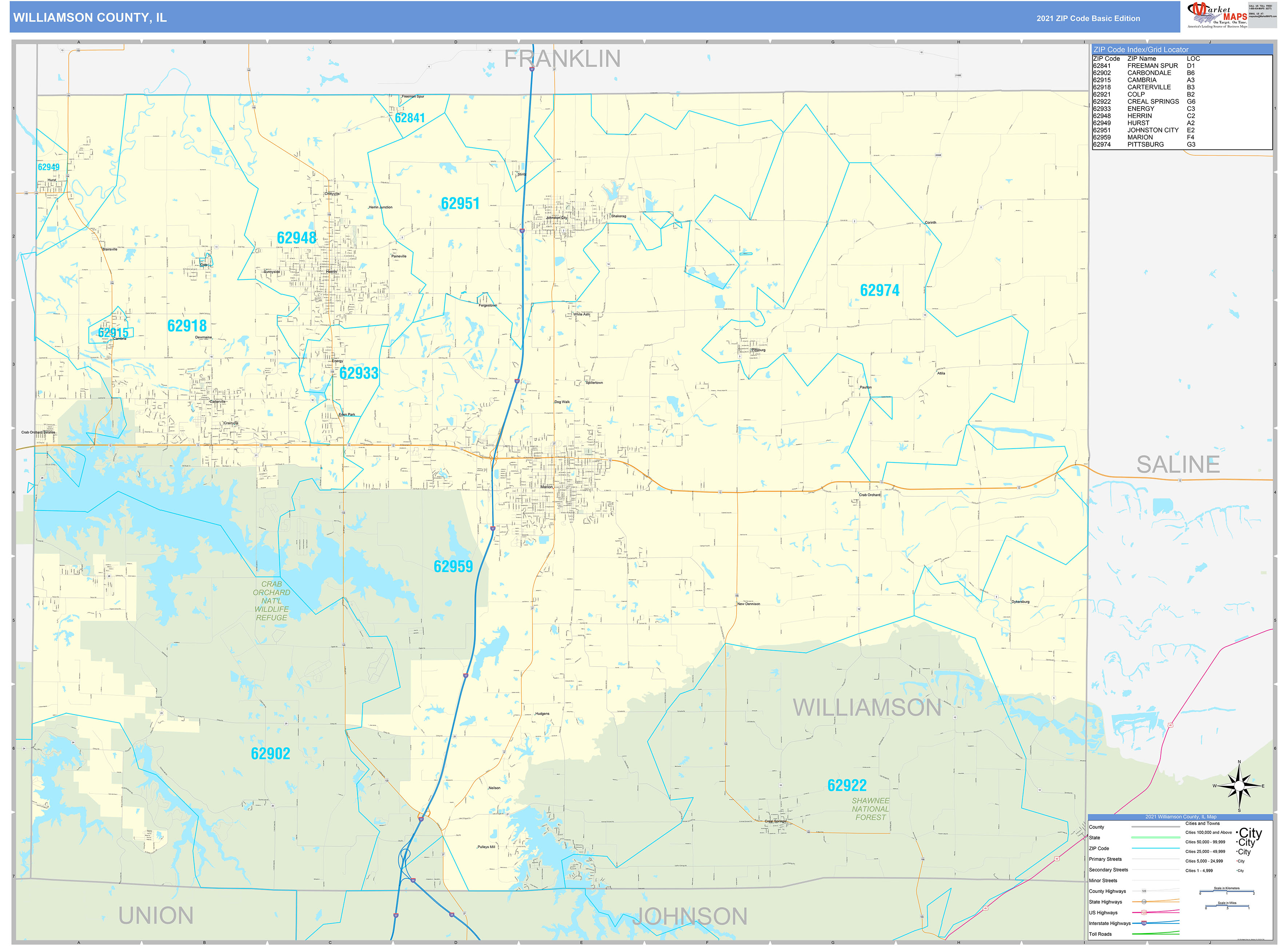 Williamson County, IL Zip Code Wall Map Basic Style by MarketMAPS