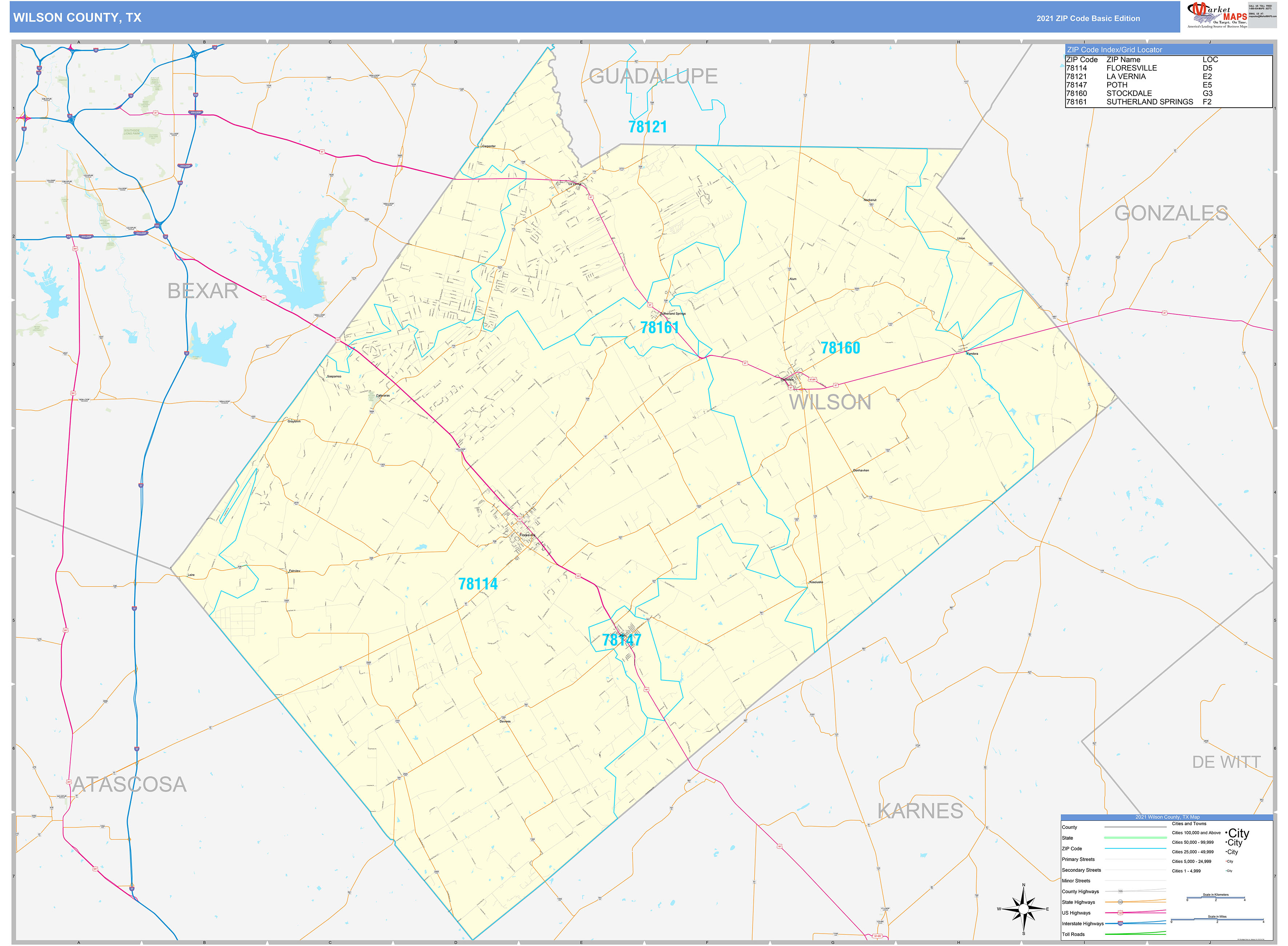 Wilson County, TX Zip Code Wall Map Basic Style by MarketMAPS MapSales