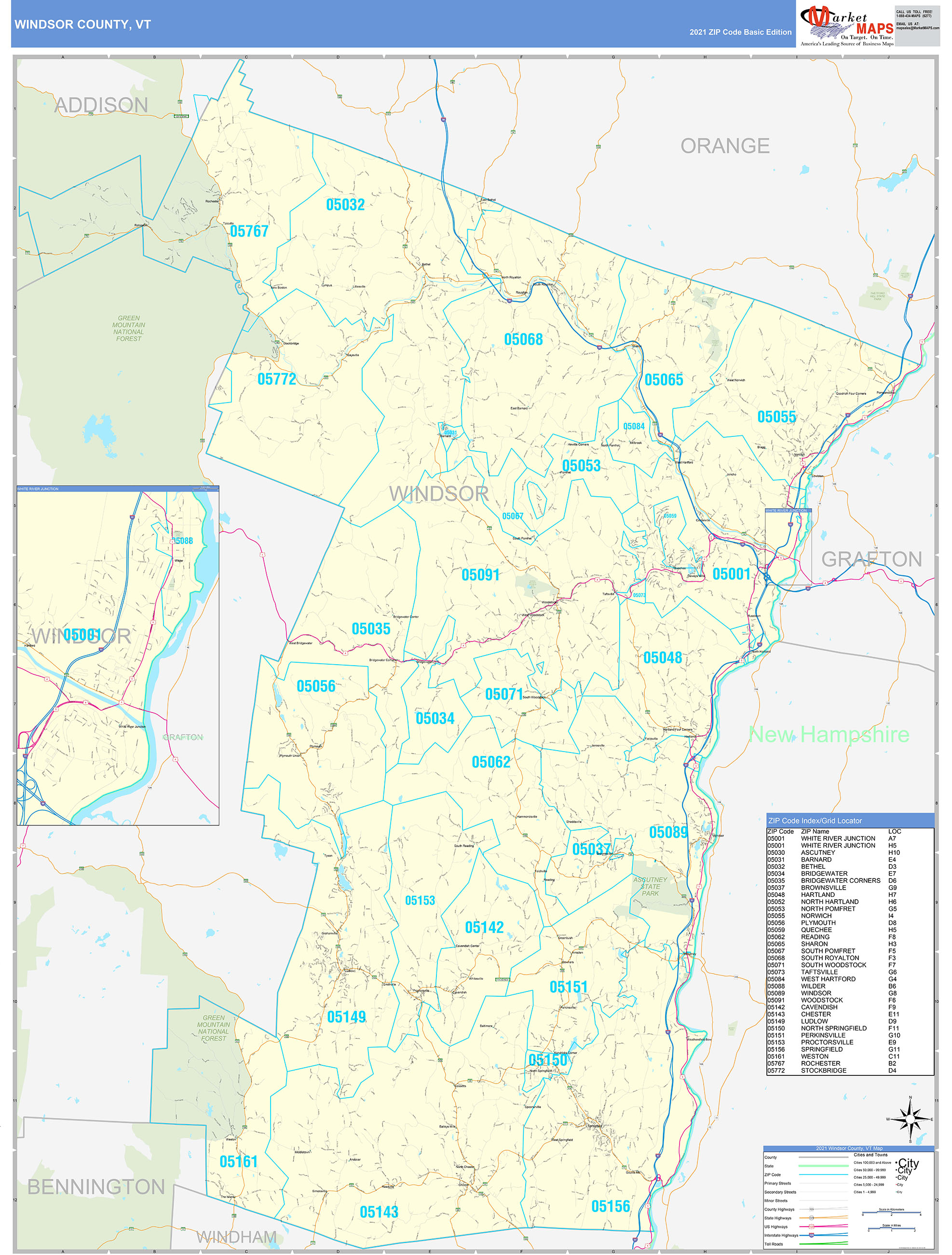Windsor County, VT Zip Code Wall Map Basic Style by MarketMAPS MapSales