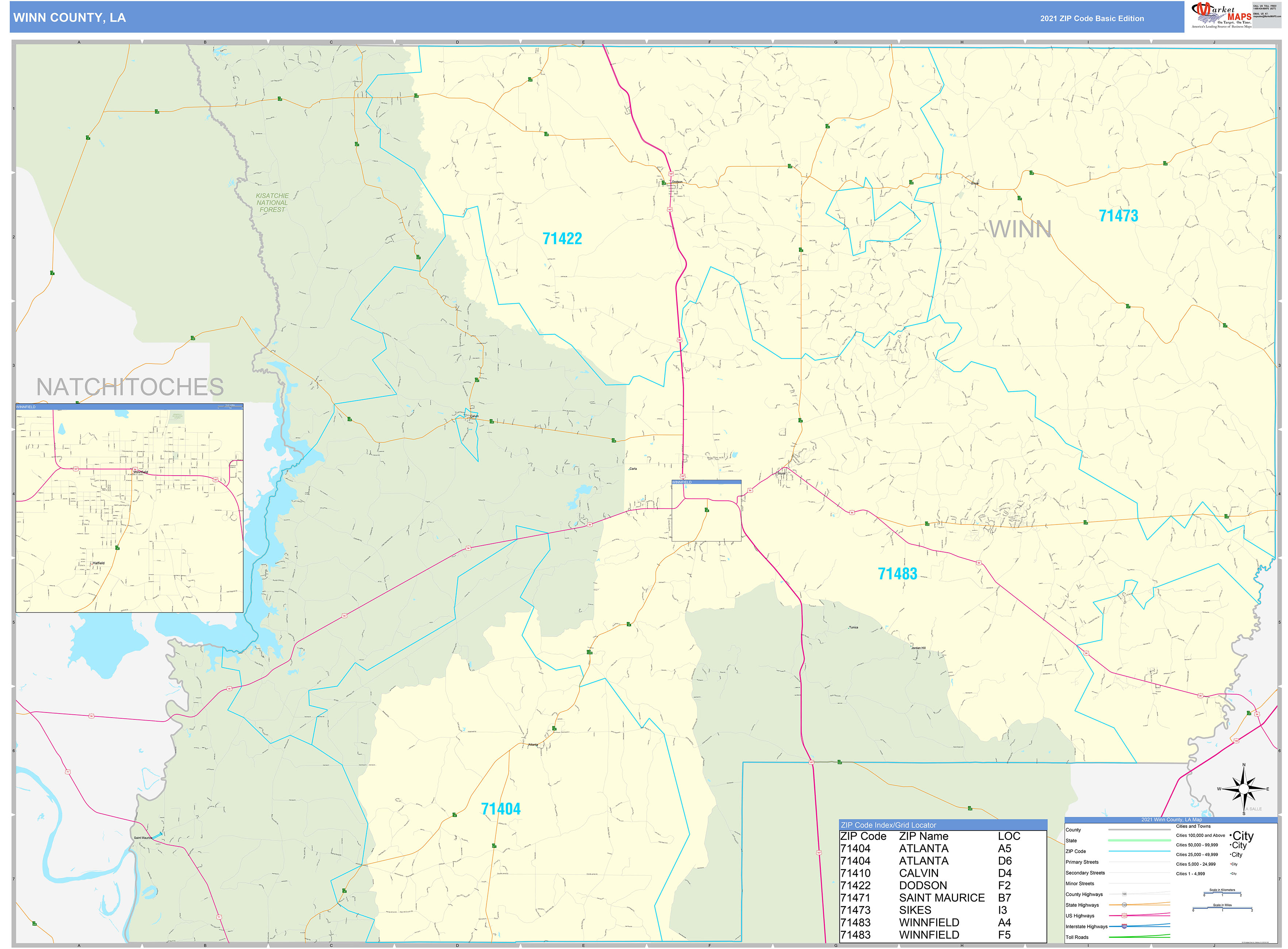 Winn County, LA Zip Code Wall Map Basic Style by MarketMAPS MapSales