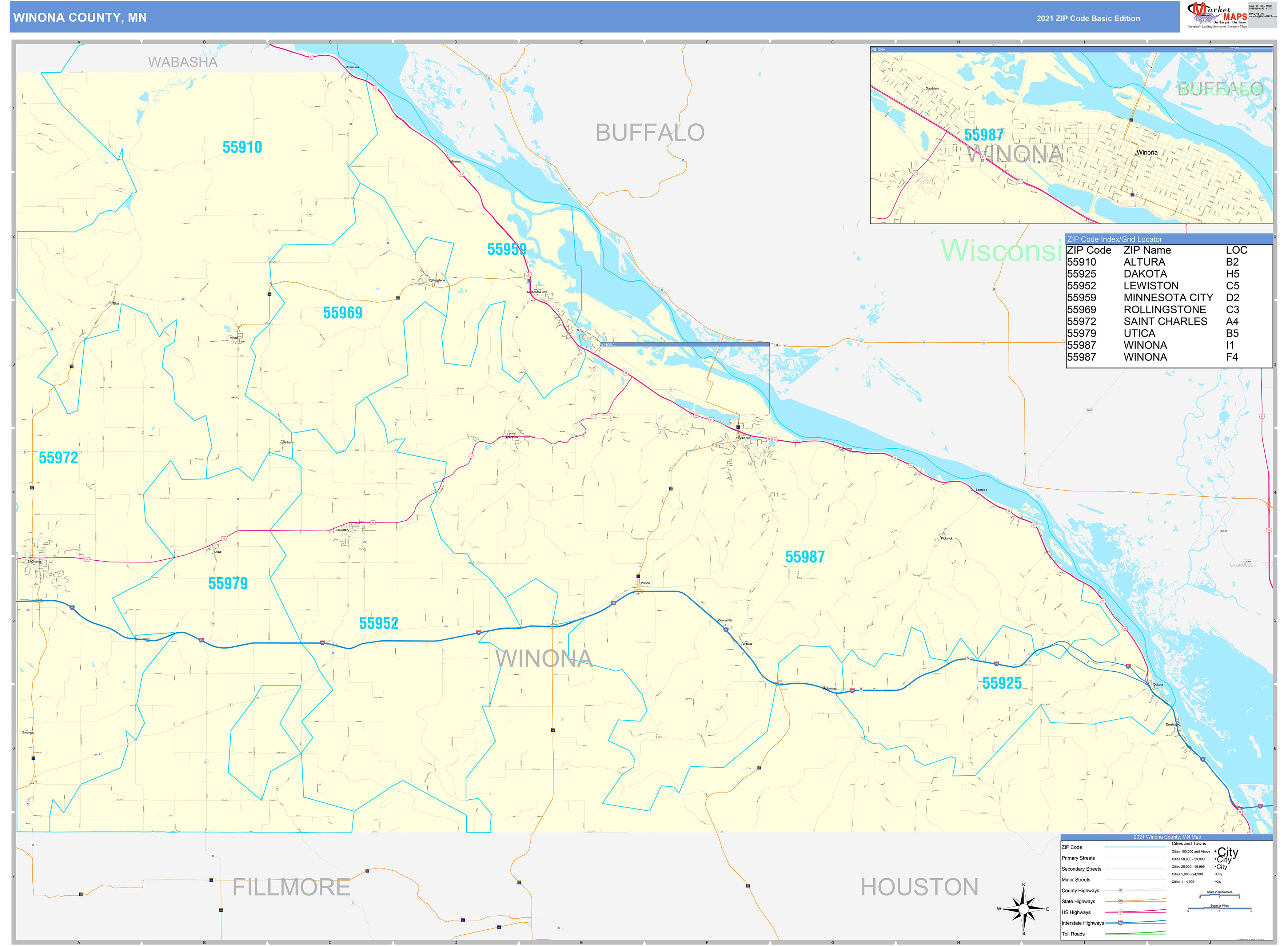 winona-county-mn-zip-code-wall-map-basic-style-by-marketmaps-mapsales