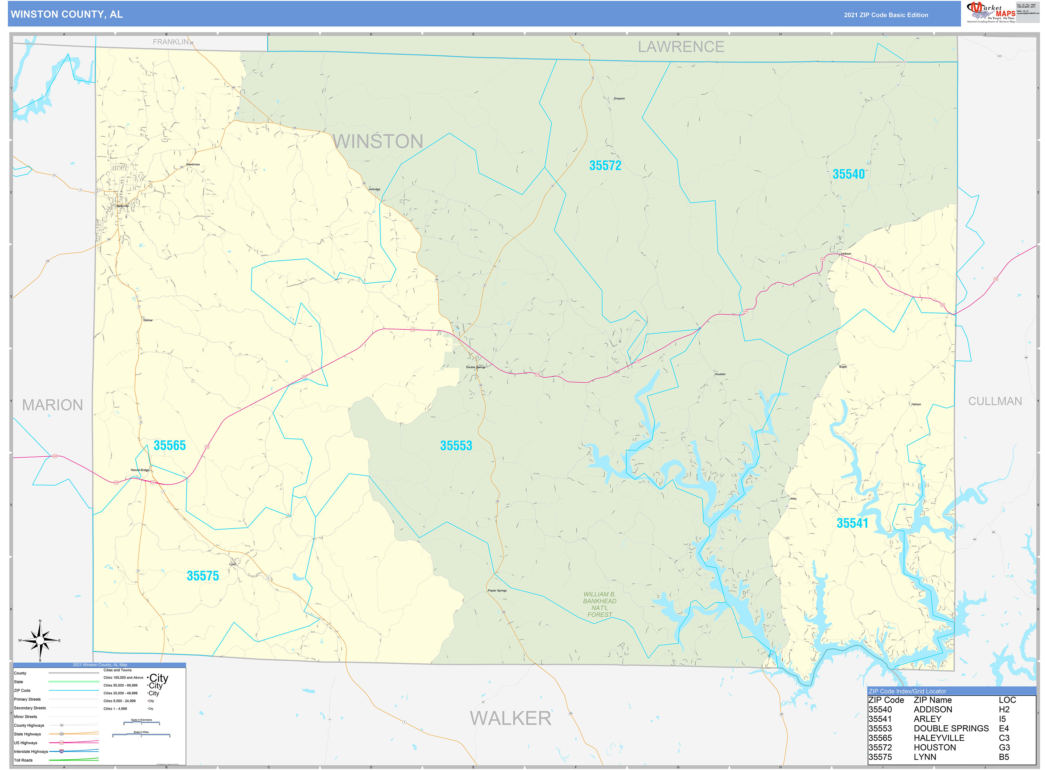 Winston County, AL Zip Code Wall Map Basic Style by MarketMAPS - MapSales