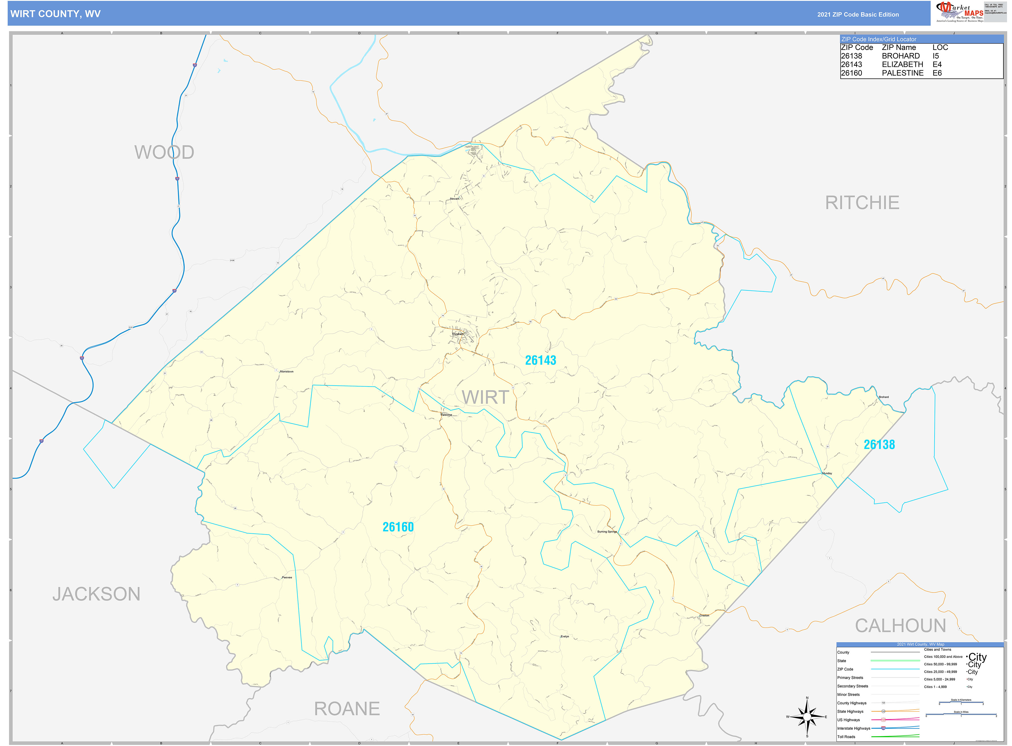 Wirt County, WV Zip Code Wall Map Basic Style by MarketMAPS MapSales