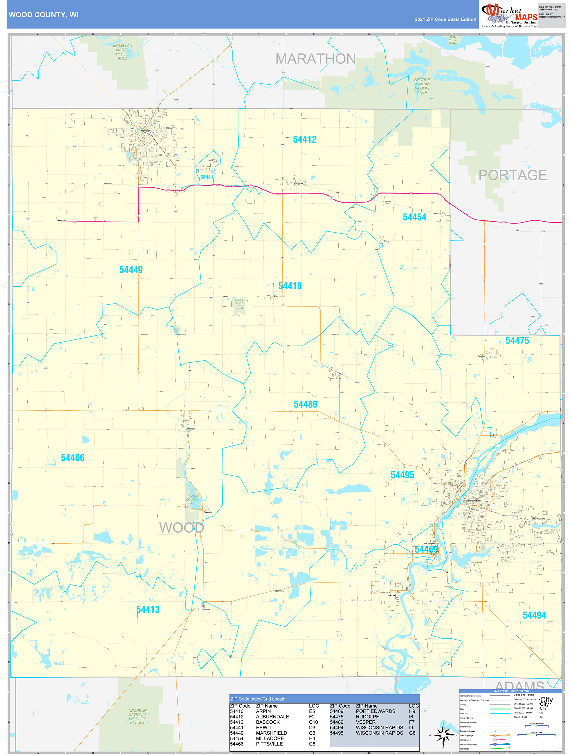 Wood County, WI Zip Code Wall Map Basic Style by MarketMAPS MapSales