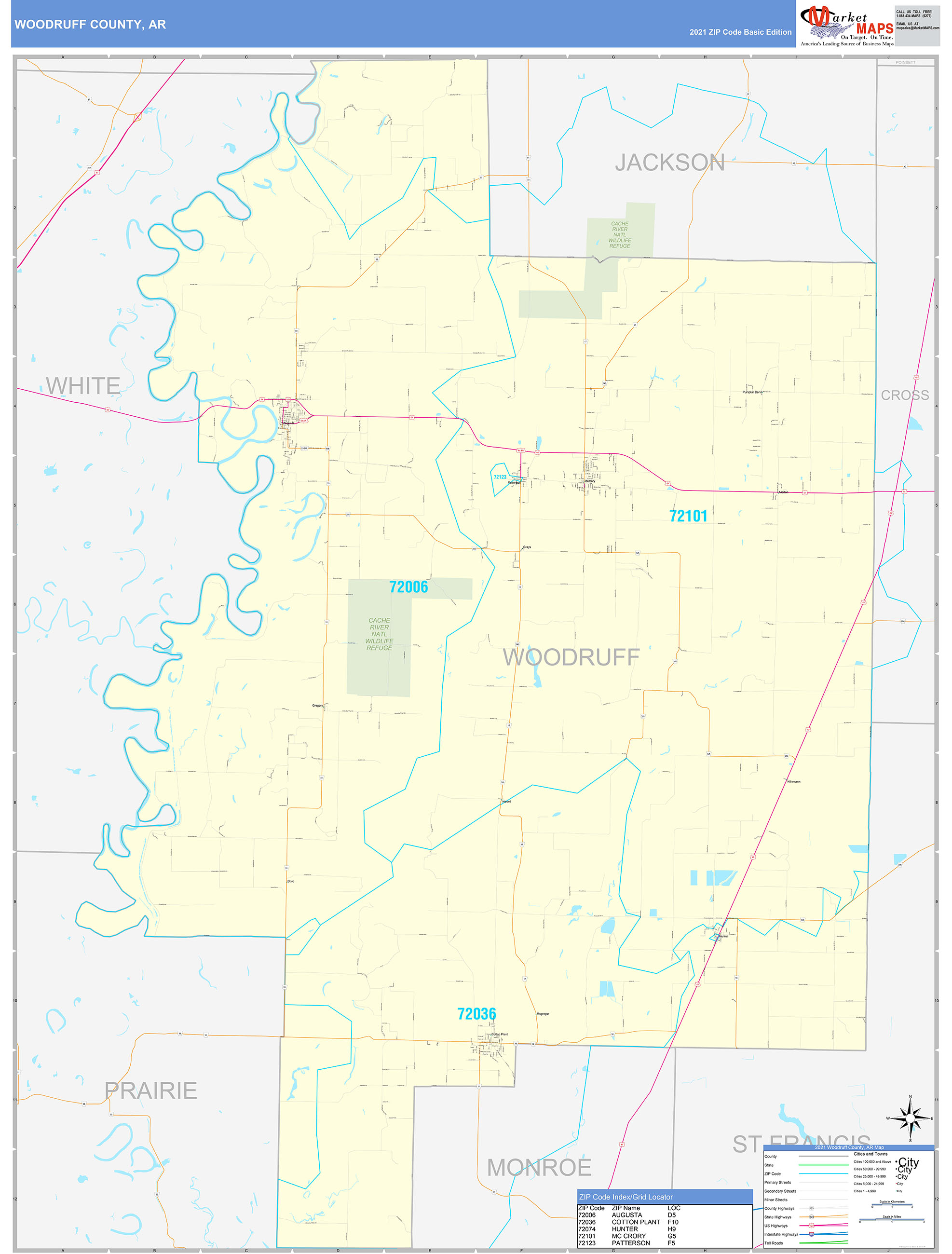 Woodruff County, AR Zip Code Wall Map Basic Style by MarketMAPS MapSales