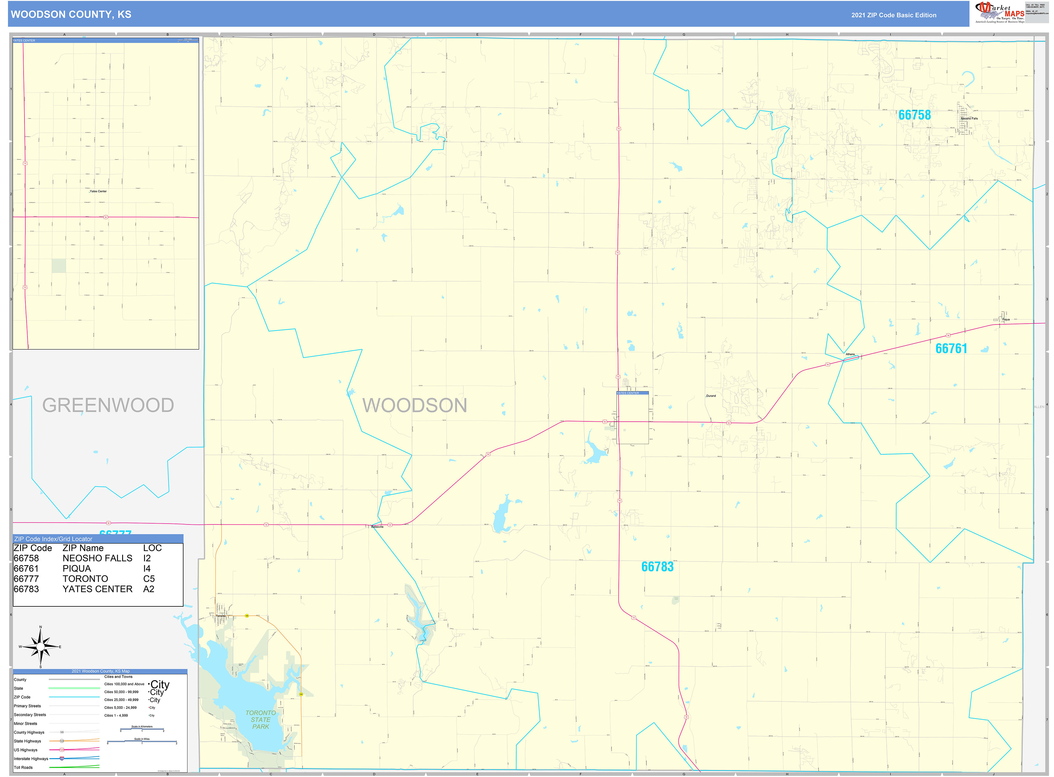Woodson County, KS Zip Code Wall Map Basic Style by MarketMAPS