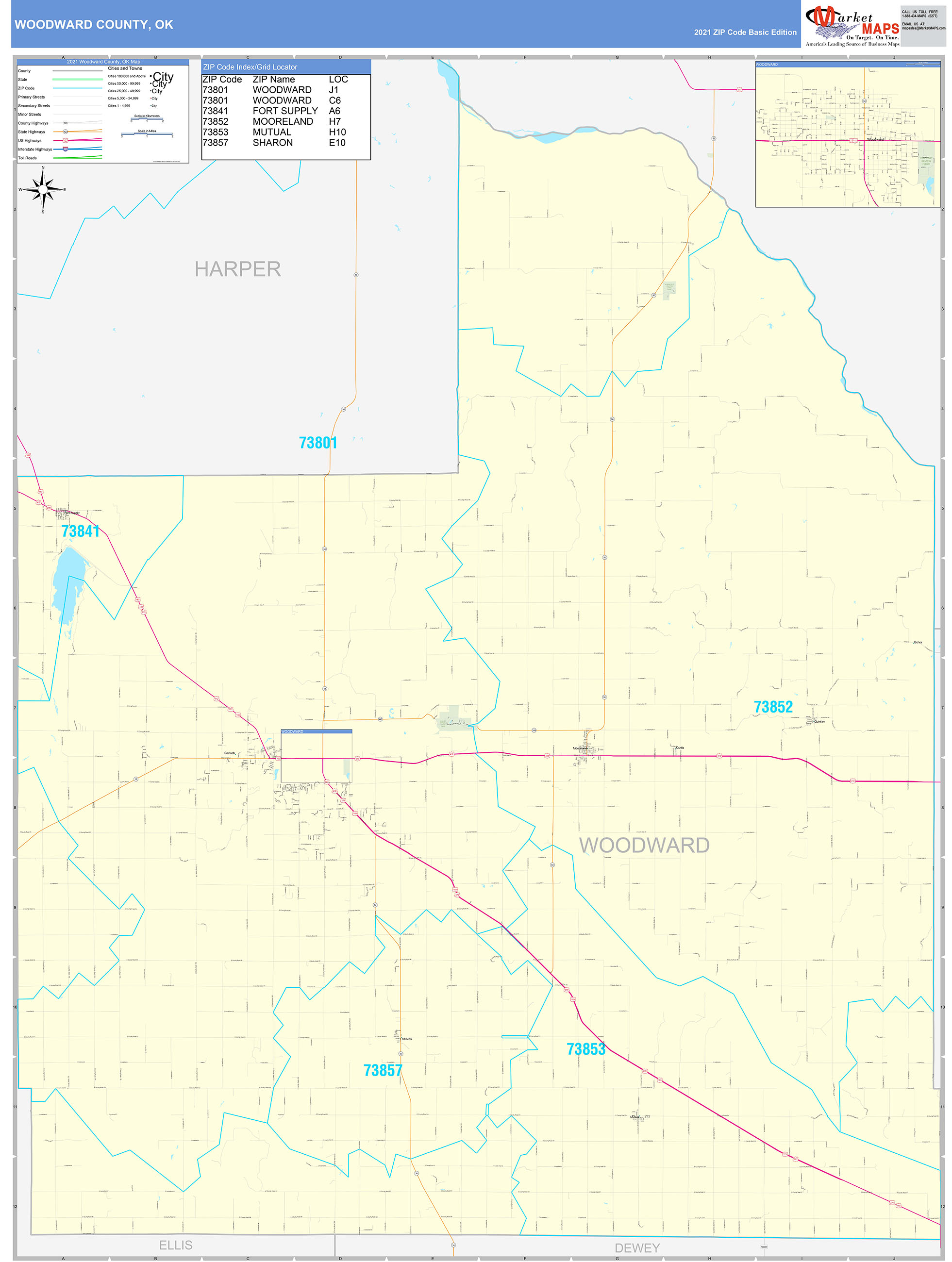 Woodward County, OK Zip Code Wall Map Basic Style by MarketMAPS MapSales