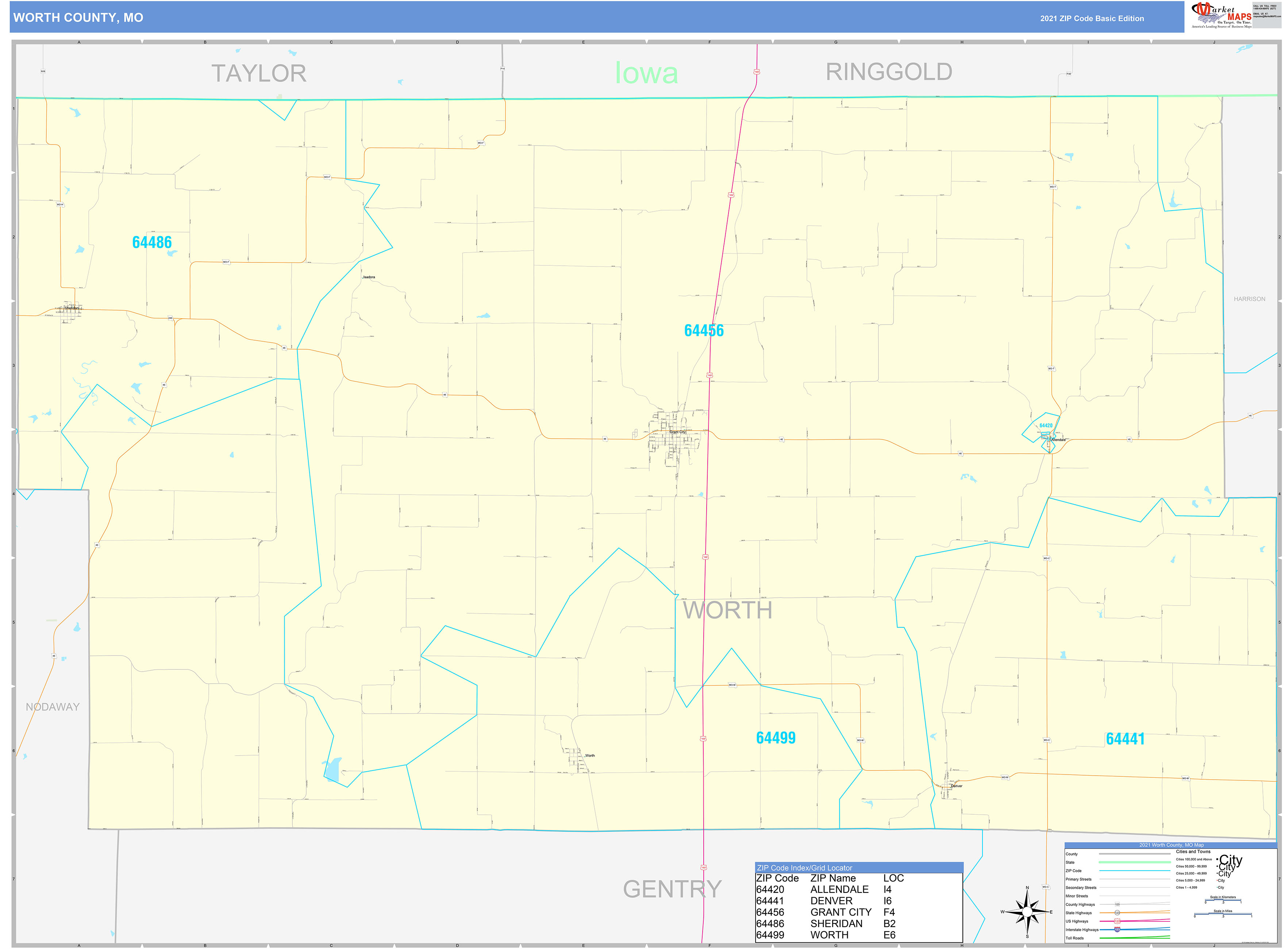 Worth County, MO Zip Code Wall Map Basic Style by MarketMAPS MapSales