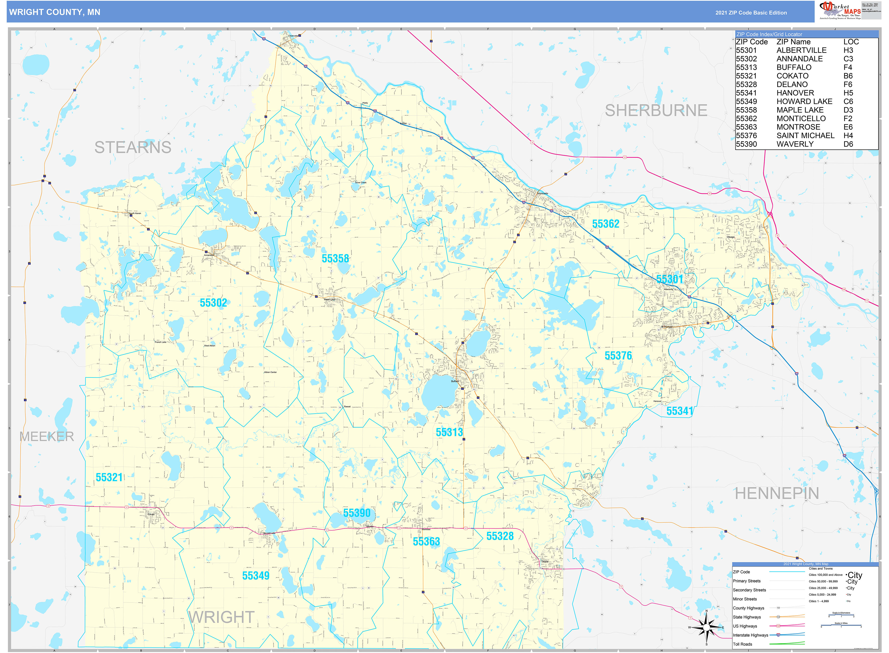 Wright County, MN Zip Code Wall Map Basic Style by MarketMAPS MapSales