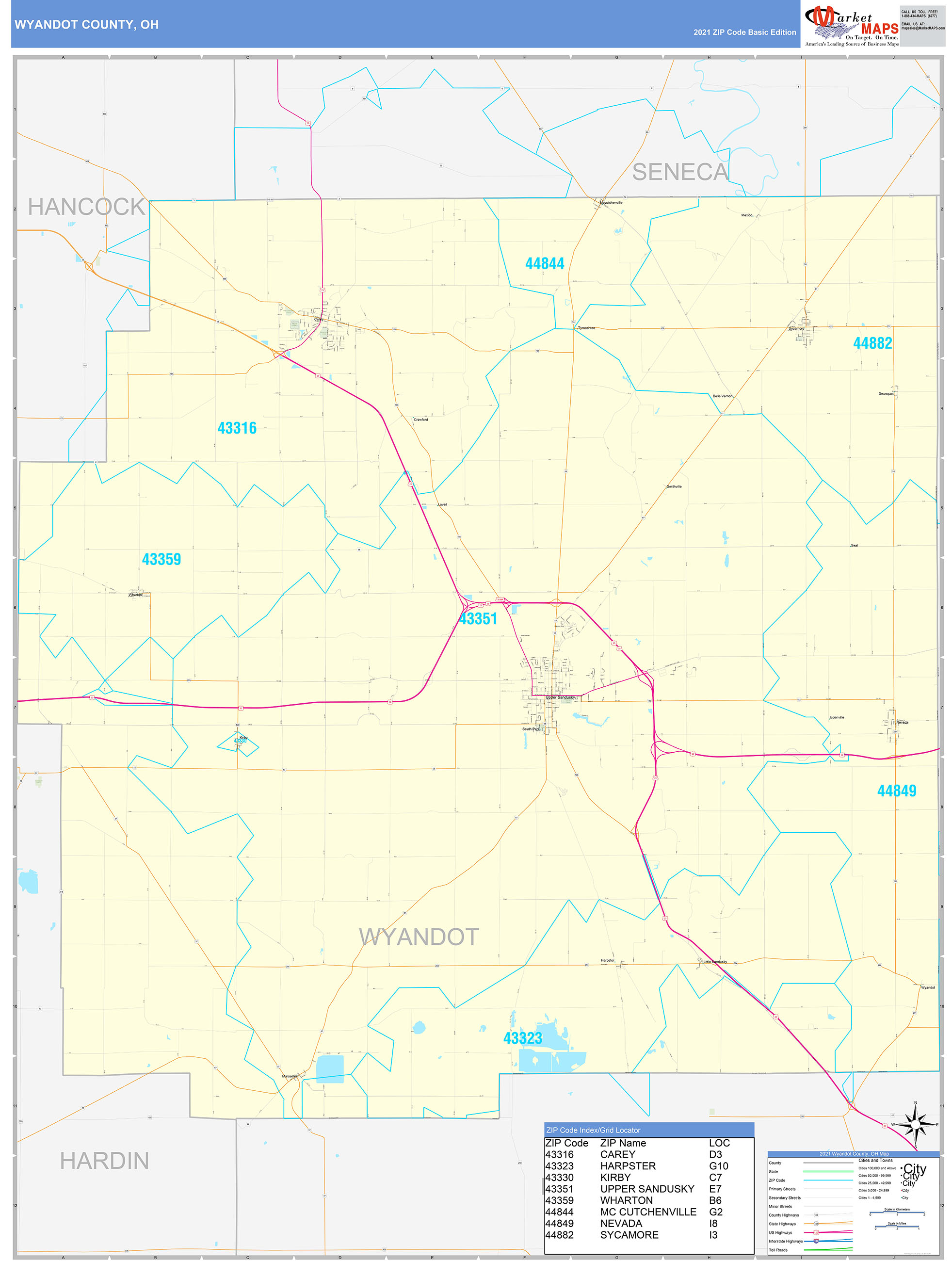 Wyandot County, OH Zip Code Wall Map Basic Style by MarketMAPS MapSales