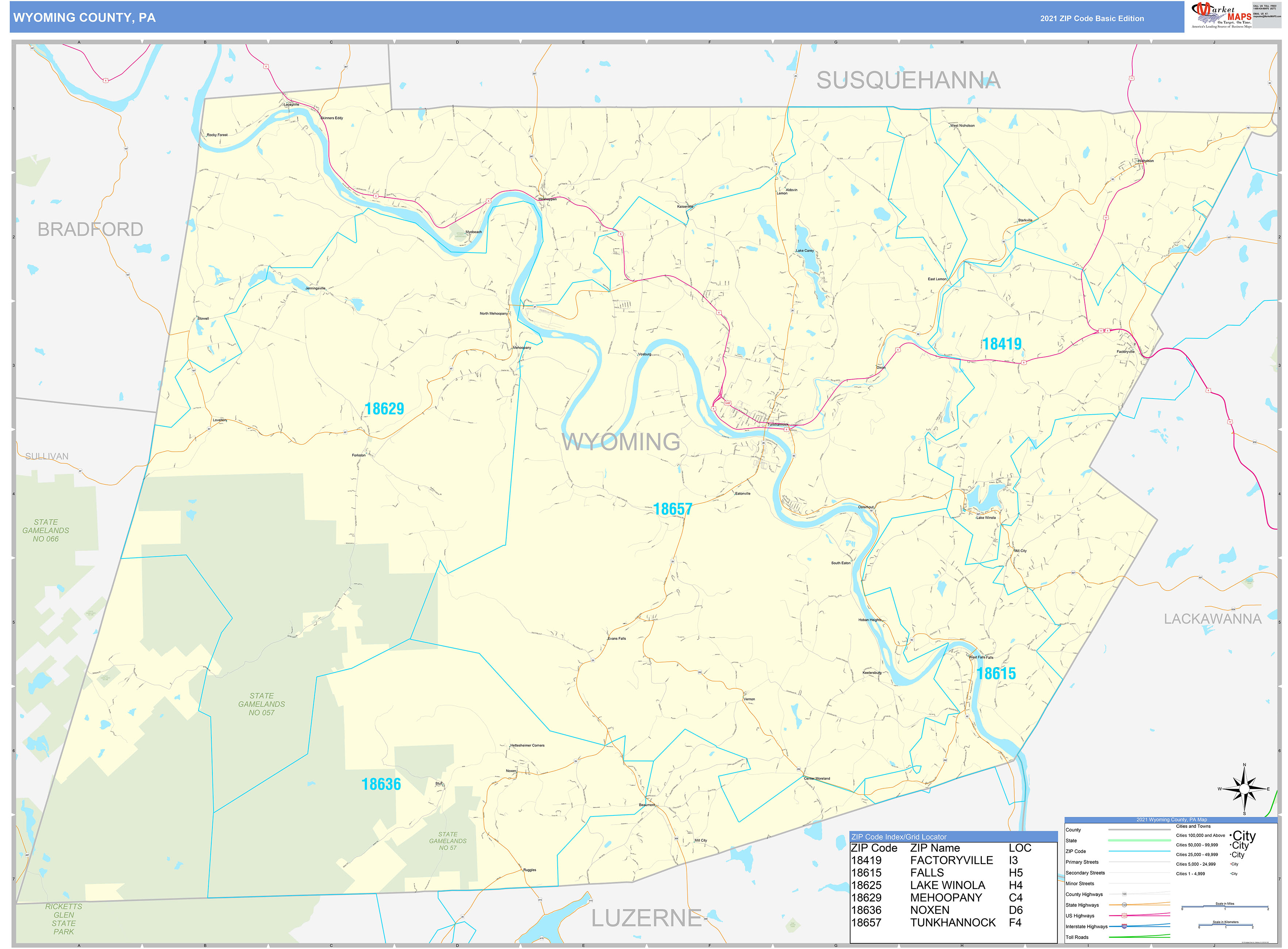 Wyoming County, PA Zip Code Wall Map Basic Style by MarketMAPS - MapSales