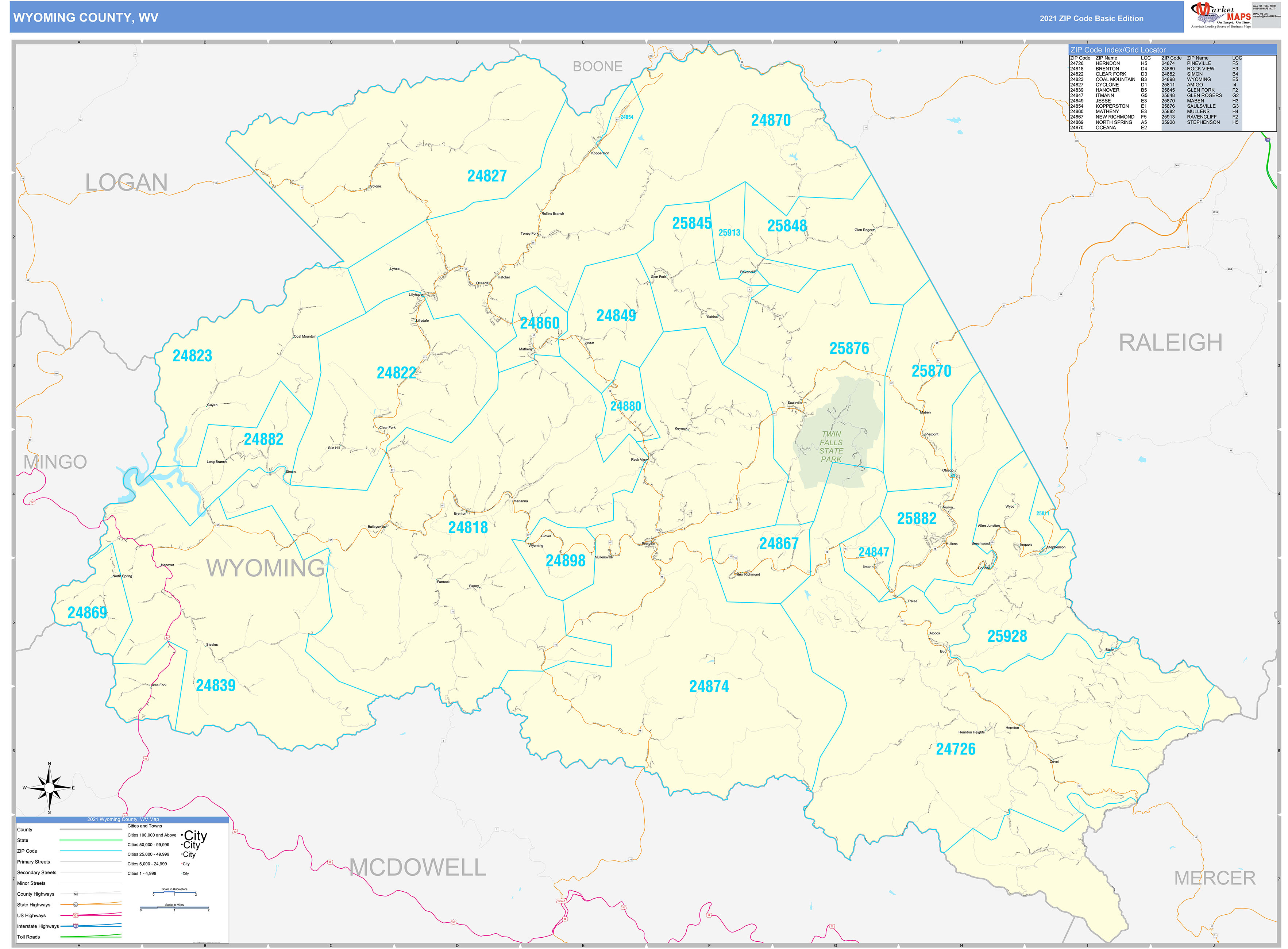 wyoming-county-wv-zip-code-wall-map-basic-style-by-marketmaps-mapsales