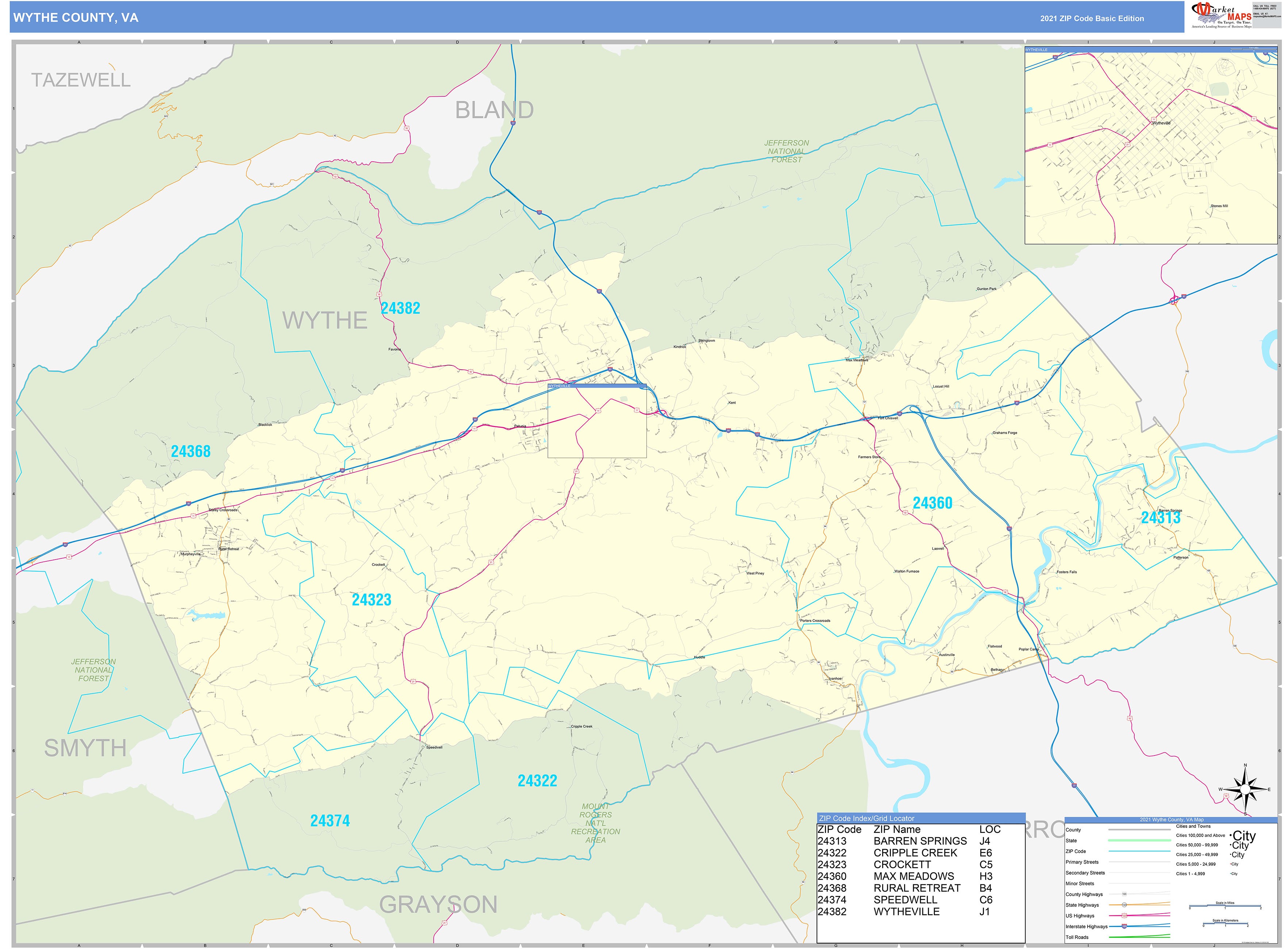 Wythe County, VA Zip Code Wall Map Basic Style by MarketMAPS MapSales