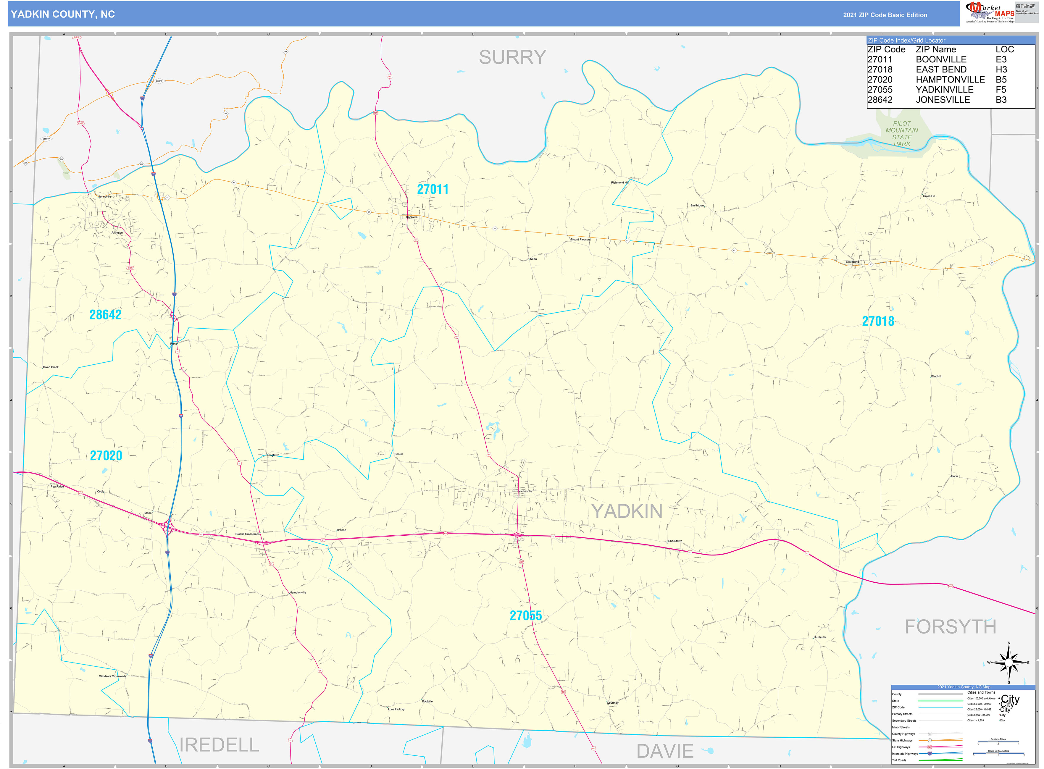 Yadkin County, NC Zip Code Wall Map Basic Style by MarketMAPS MapSales